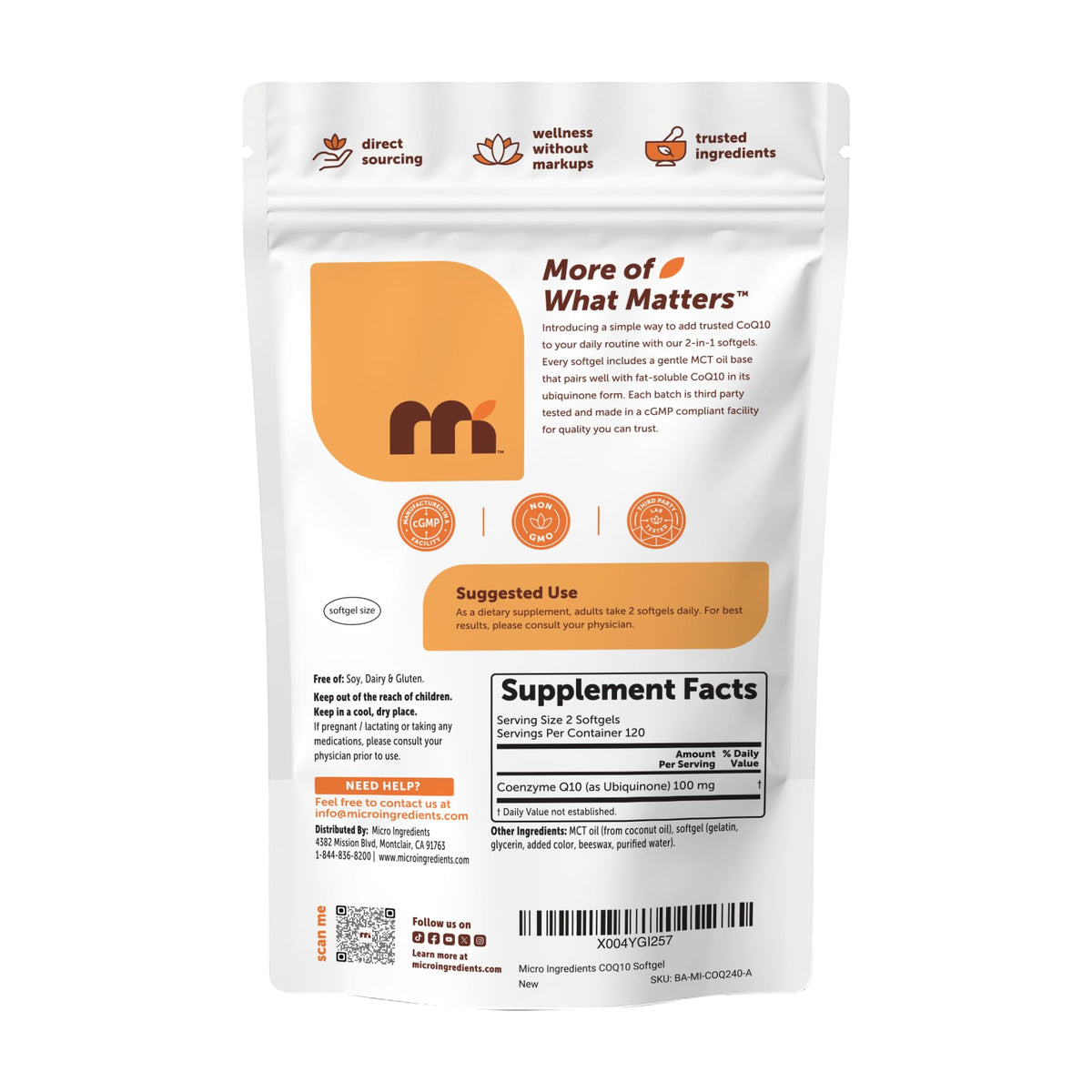 Micro Ingredients CoQ10 100 mg Per Serving, 240 Softgels | Coenzyme Q10 (Ubiquinone) Supplement | Made with MCT Oil | Non-GMO, Gluten Free
