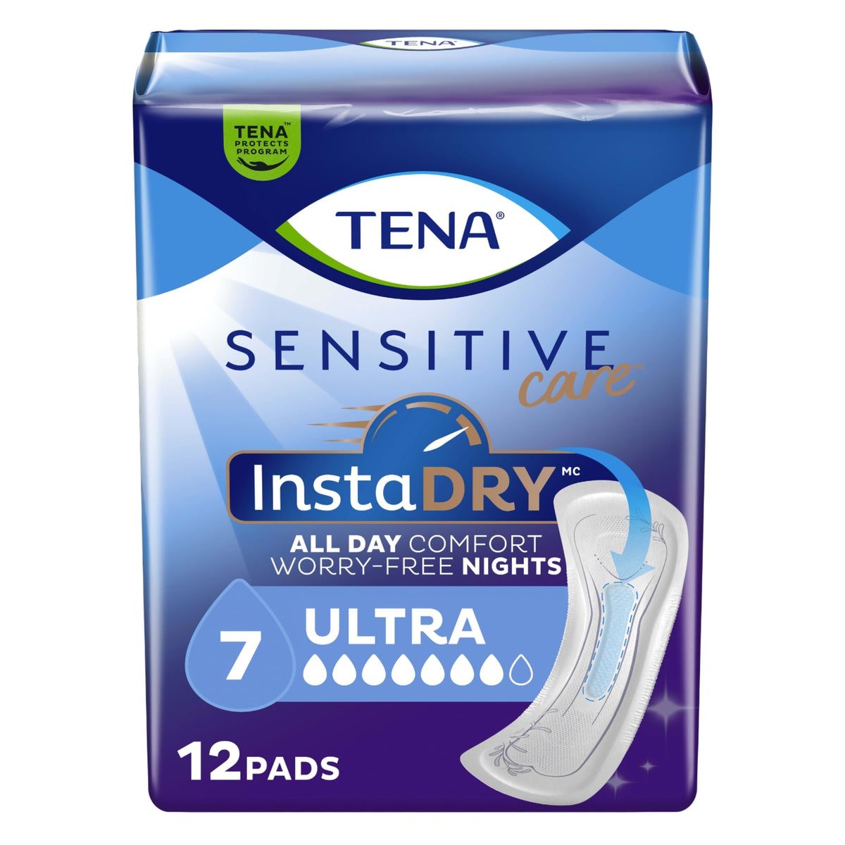 Tena Sensitive Care Ultra InstaDry Pads for Women, Postpartum and Bladder Leaks, Ultra Absorbency, 12 Count, Pack of 1