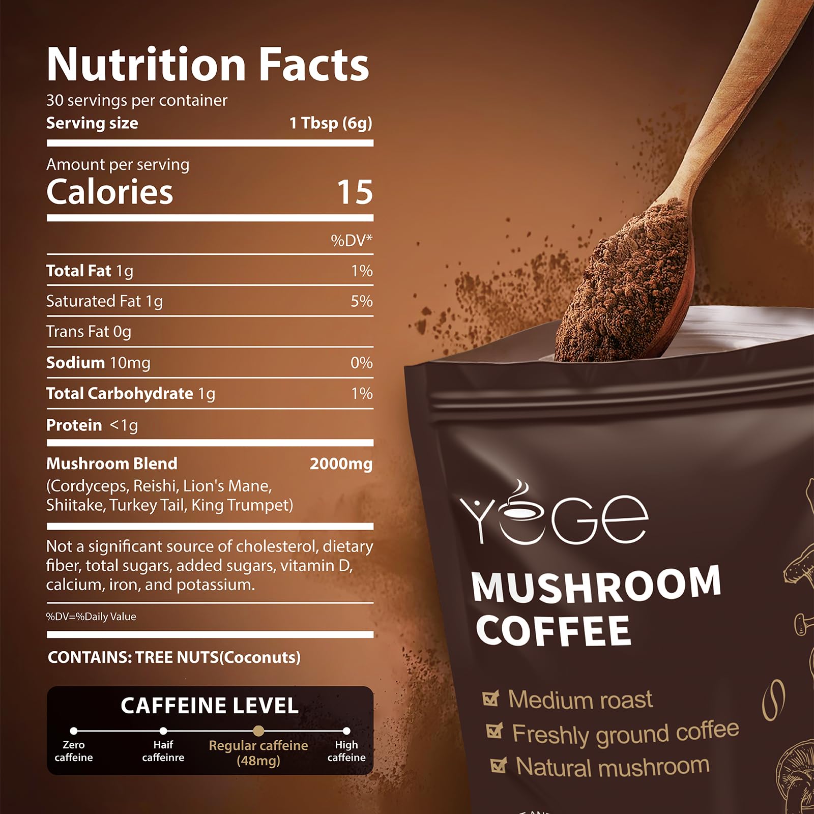 Mushroom Coffee, Instant Mushroom Coffee with Cordyceps, Reishi, King Trumpet, Shiitake, Turkey Tail, Lions Mane for Energy, Focus, Positive Mood & Immune Support (30 Servings)