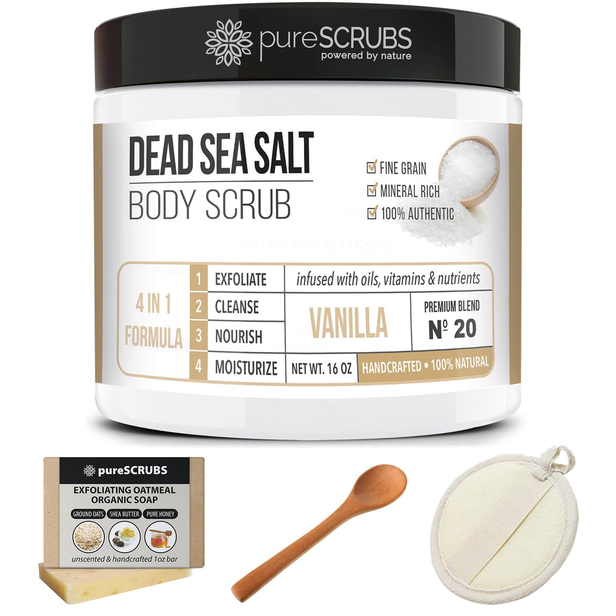 pureSCRUBS Coconut Body Scrub, infused with Dead Sea salt, oils, and vitamins. Handcrafted, premium imported scrub for nourishing skin.