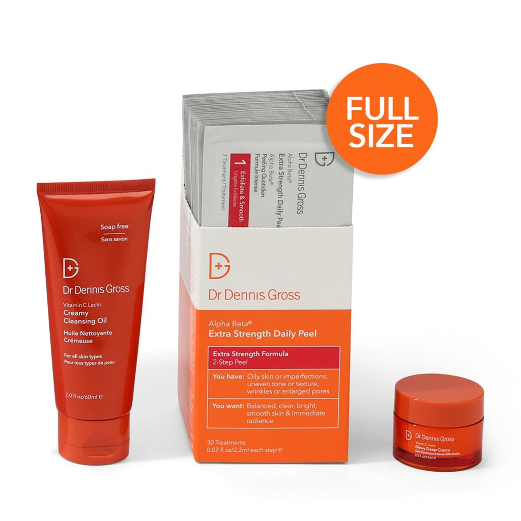 Dr Dennis Gross Extra Strength Radiant, Smooth & Firm Skincare Kit - Dermatologist Developed - Full-Size Alpha Beta Peel, Travel-Size Vitamin C Lactic Dewy Deep Cream & Creamy Cleanser - $130 Value