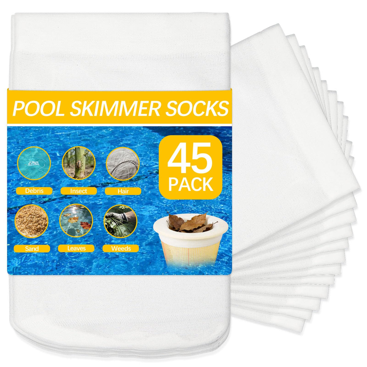 45 Pack Pool Filter Socks for Skimmer Baskets, Reusable Pool Skimmer Socks for Above Ground or Inground Pools Filter Protecting Fine Mesh Screen Basket Sock for Collecting Leaves, Branches, Debris