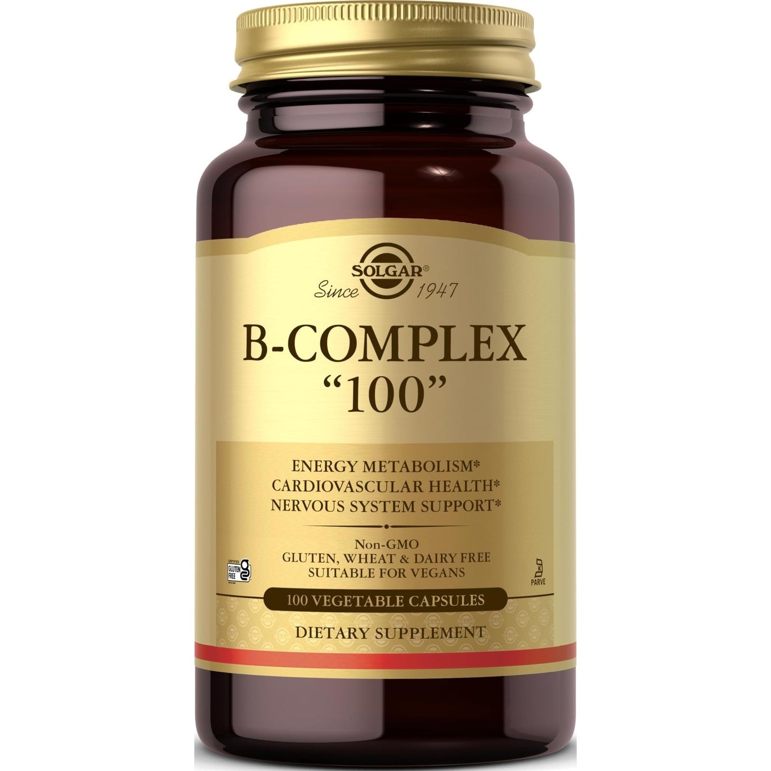 Solgar B-Complex "100", 100 Vegetable Capsules - Nervous System Support - Supports Energy Metabolism - Non-GMO, Vegan, Gluten Free, Dairy Free, Kosher - 100 Servings
