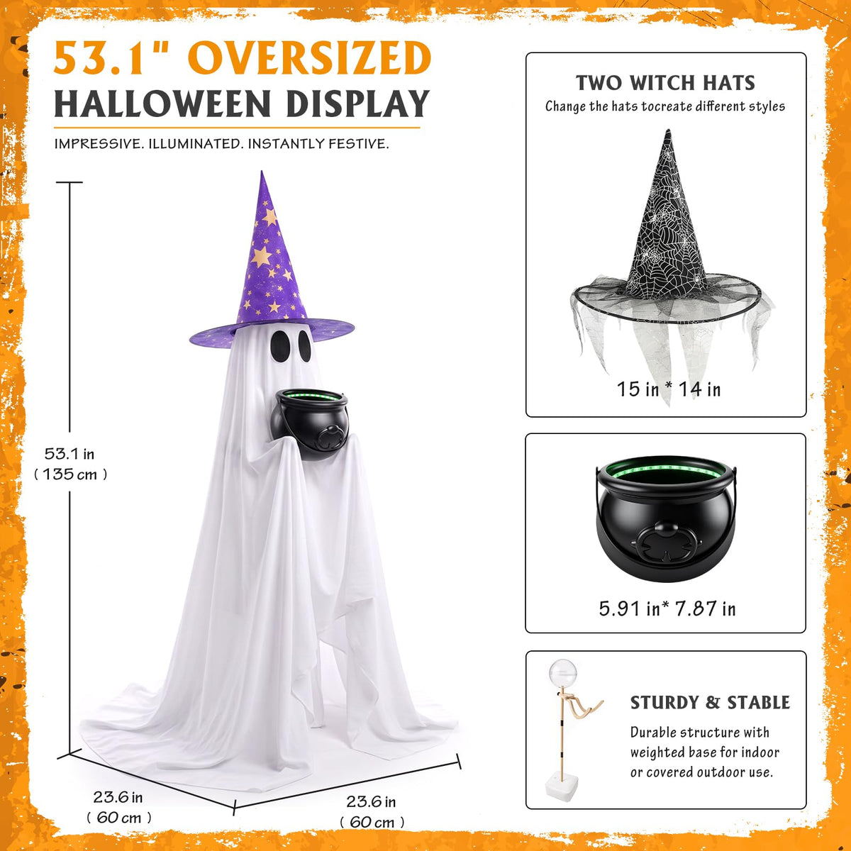 Halloween Candy Ghost Decor with Lighted Cauldron - 53'' Large Ghost Decor