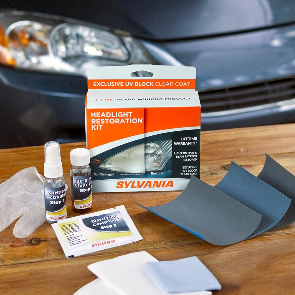 Buy now Sylvania Headlight Restoration Kit - Long-Lasting Headlight Repair Kit for Restoring to Like-New Condition - Surface Activator, Exclusive UV Coating, Clarifying Compound & More - No Tools Required at indiglob india