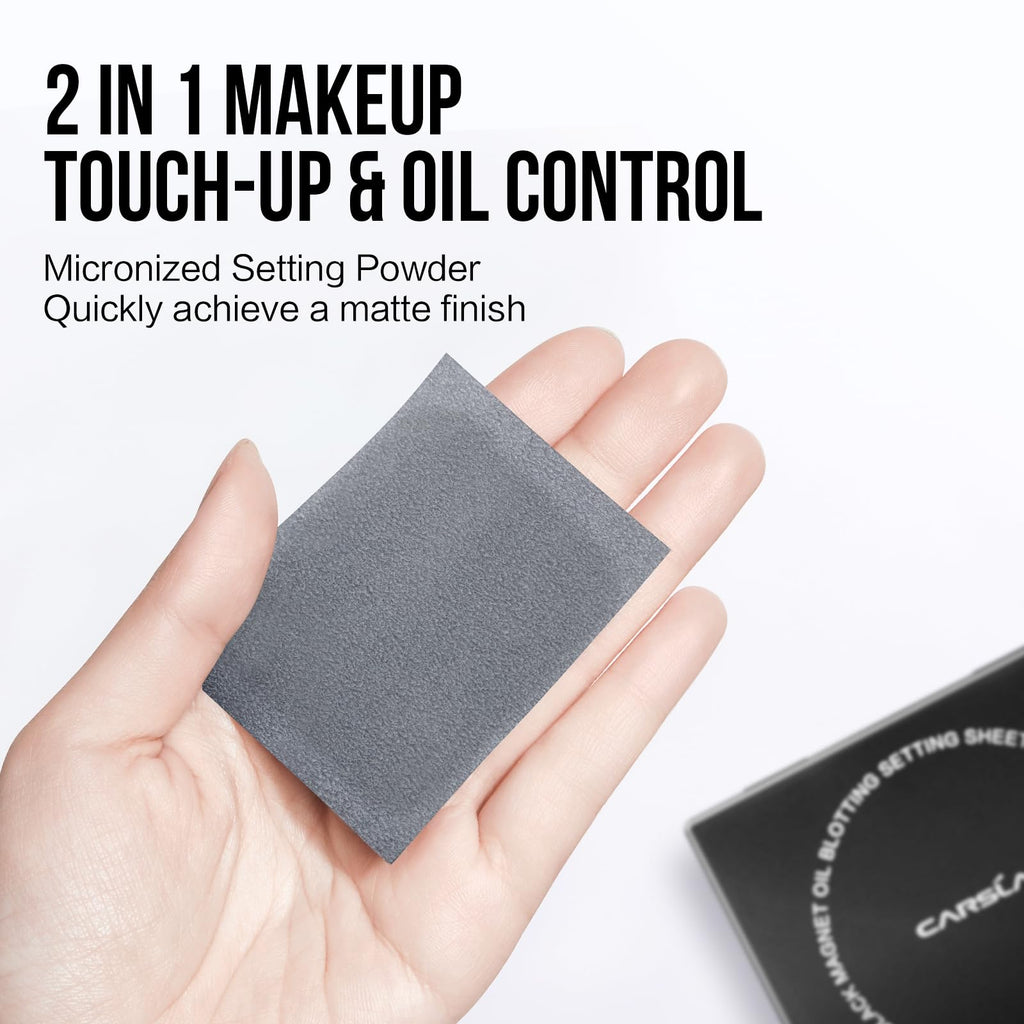 CARSLAN Makeup Blotting Paper with Powder, Keeps Makeup Fresh All Day | Black Magnet Blotting Sheet For Oily & Combination Skin, Compact with Puff & Mirror, 450 Sheets + 8 Refill Adhesive Pads
