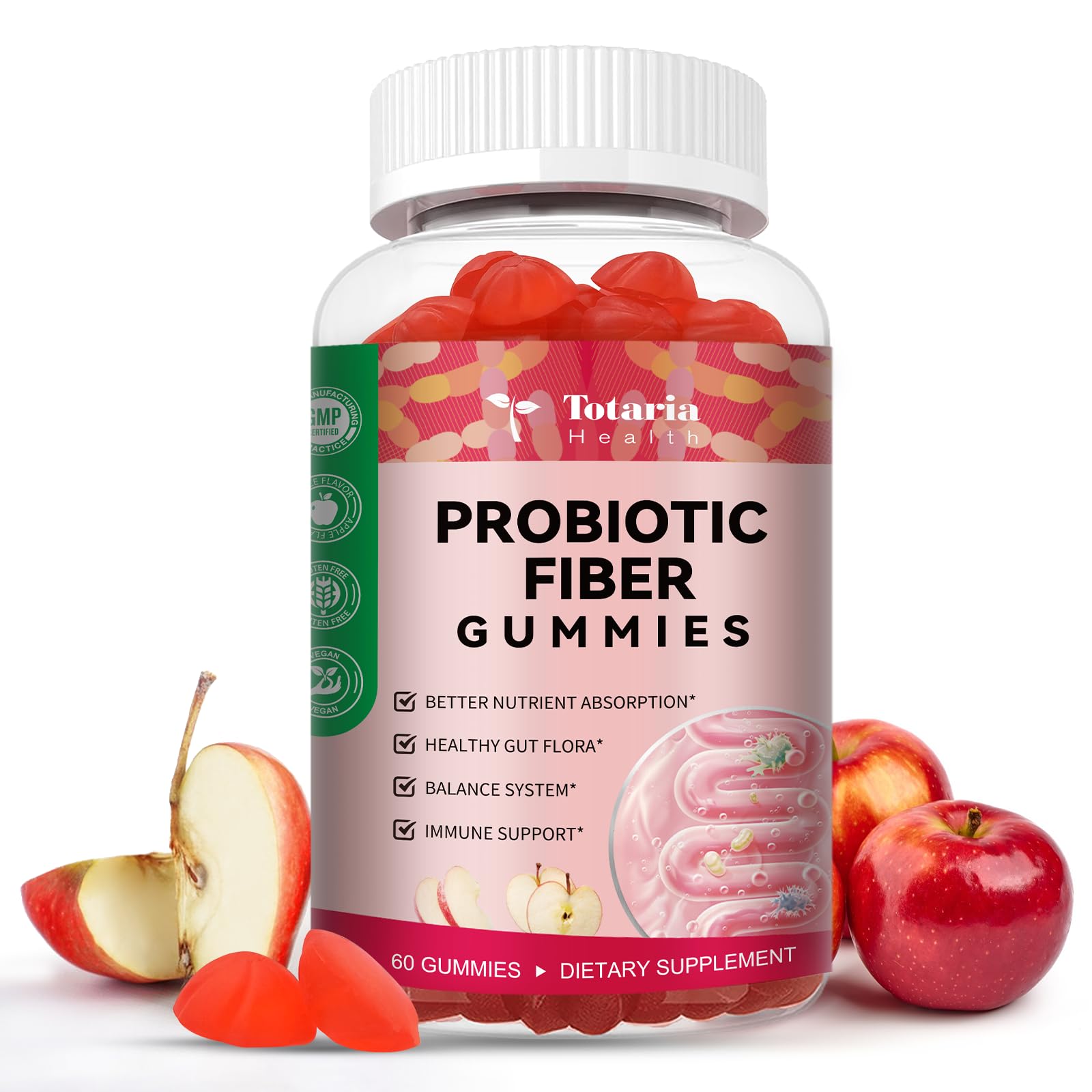 9-in-1 Sugar-free Probiotic Fiber Gummies for Adults Teens, Apple 2 Bottles | Fiber Supplement w/ Psyllium Husk, Bacillus Coagulans, FOS, Inulin, Apple Cider Vinegar for Digestion & Gut, Vegan