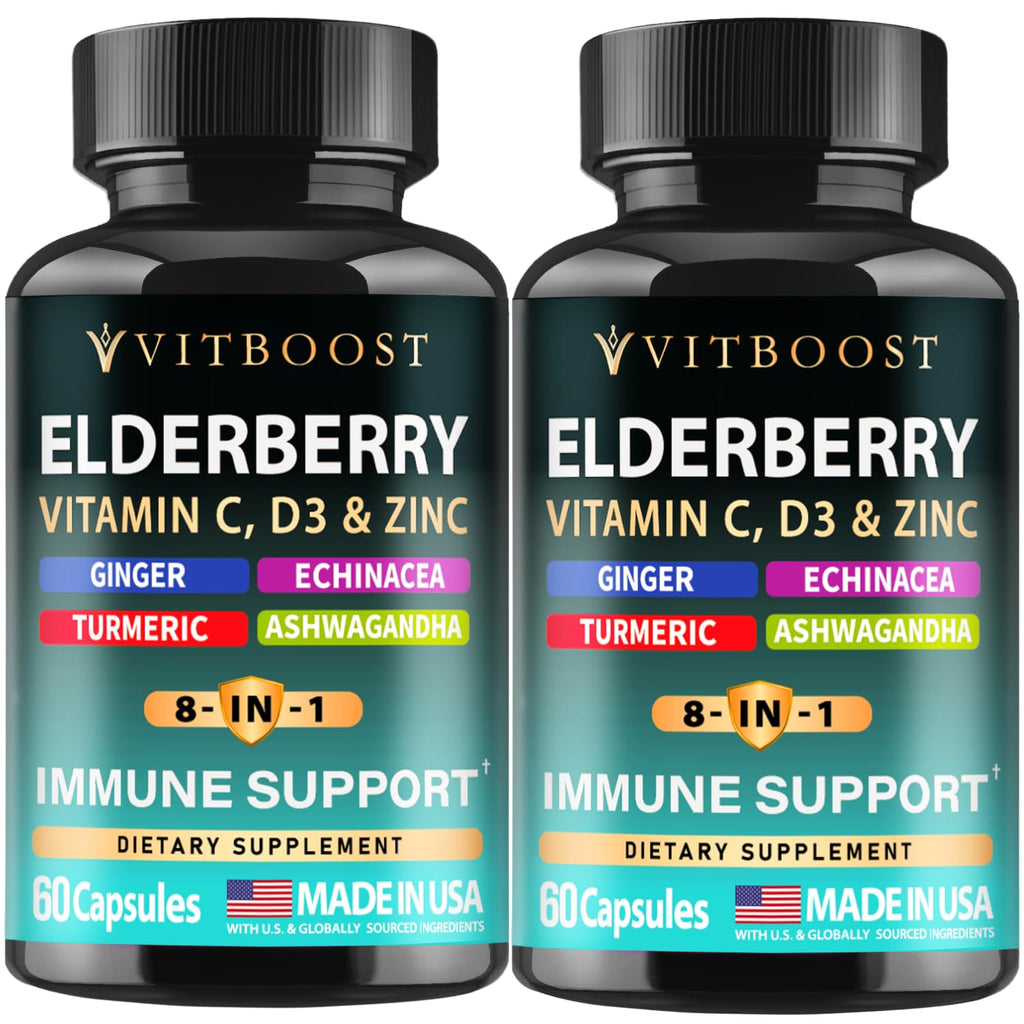 VITBOOST Elderberry Immune Support Supplement 8 in 1 with Vitamin D 5000 IU | Formula with Echinacea, Vitamin C & Zinc, Turmeric, Ginger, Ashwagandha - 60 Capsules