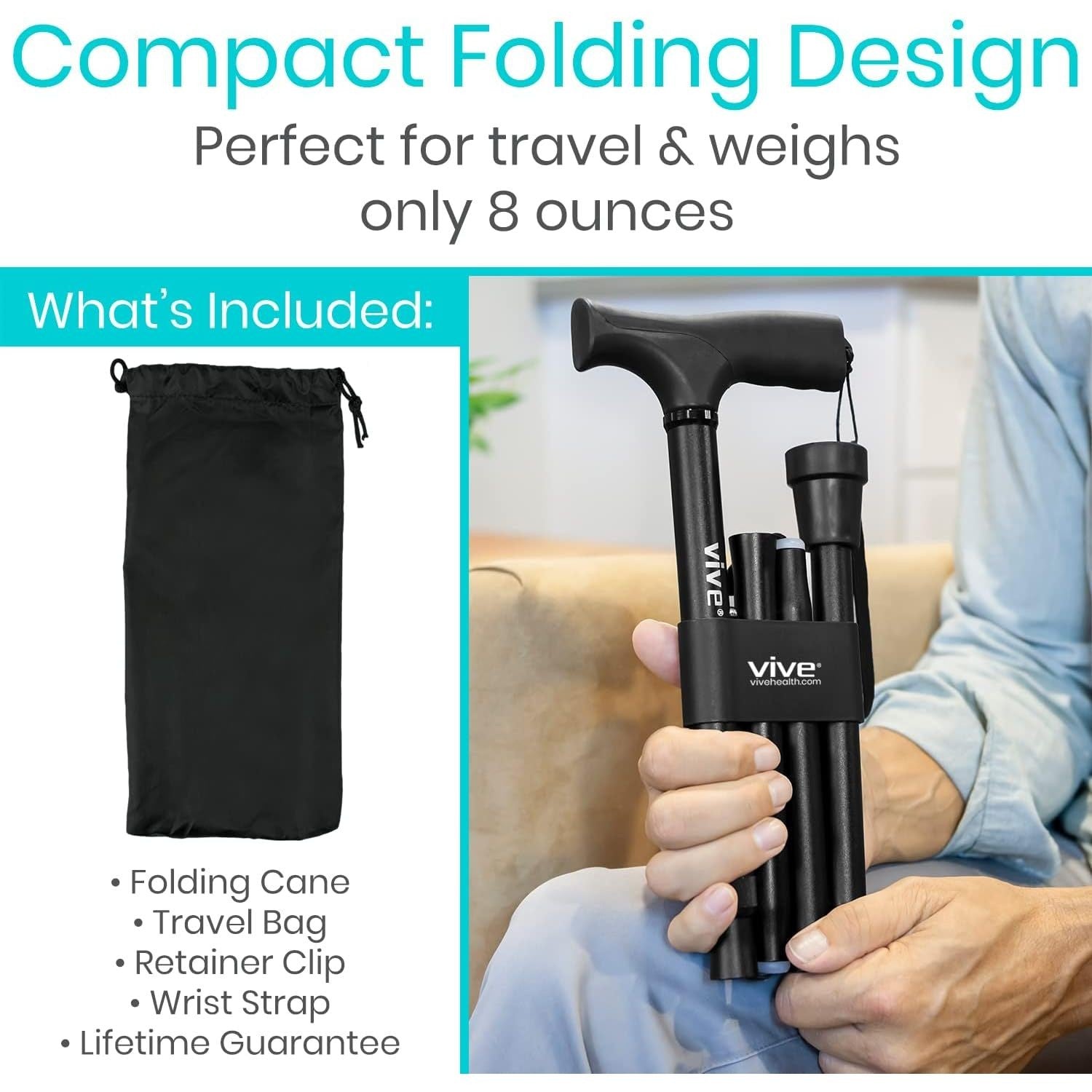 Buy now Vive Folding Cane - Foldable Walking Cane for Men, Women - Fold-up, Collapsible, Lightweight, Adjustable, Portable Hand Walking Stick - Balancing Mobility Aid - Comfortable Ergonomic Handle at indiglob india