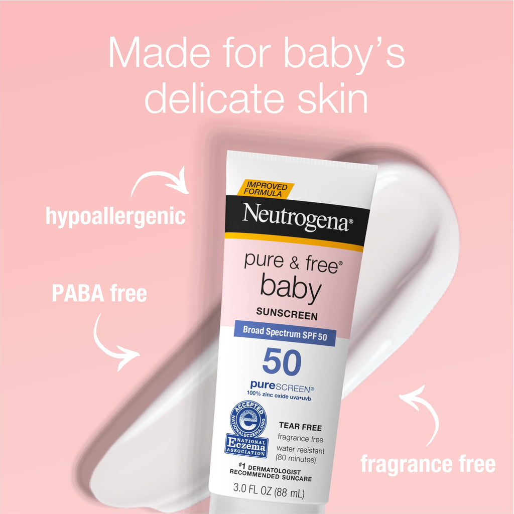 Buy now Neutrogena Pure & Free Baby Mineral Sunscreen Lotion with Broad Spectrum SPF 50 & Zinc Oxide, Water-Resistant, Hypoallergenic & Tear-Free Baby Sunscreen, 3 fl. oz, 3 pk at indiglob india