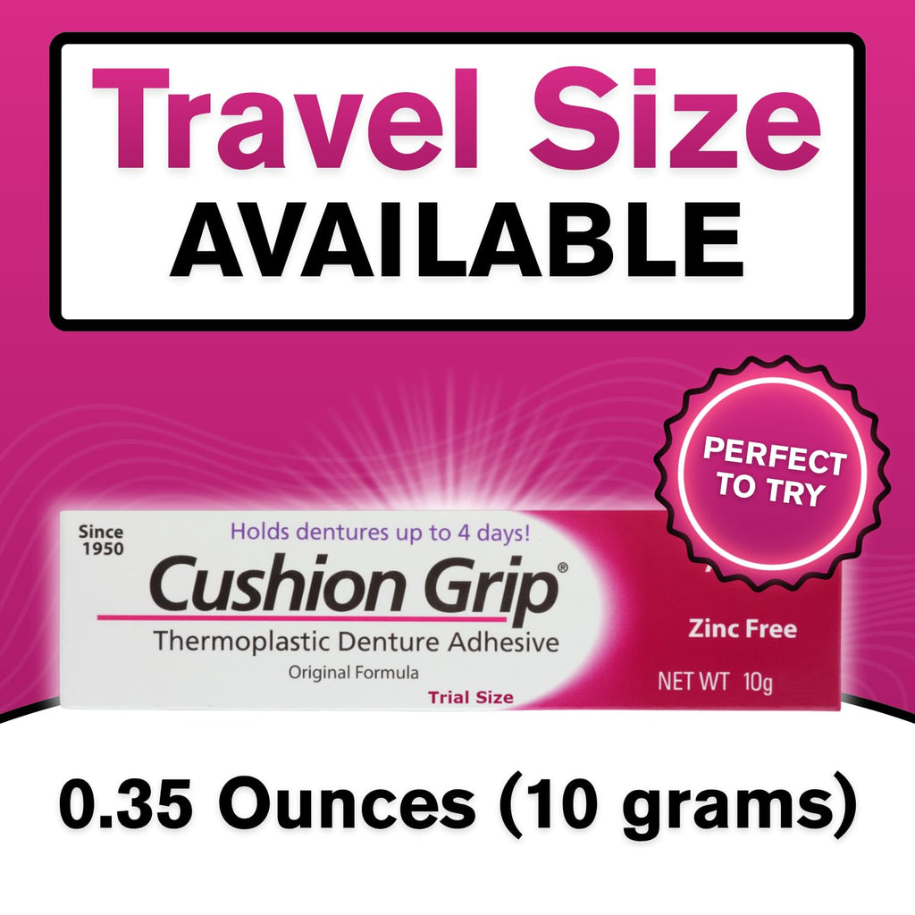 Cushion Grip Thermoplastic Denture Adhesive, 0.35 oz Travel Size (Pack of 2) – Refits and Tightens Loose Dentures for Up to 4 Days | Glue-Free, Zinc-Free, Waterproof, Acts Like a Soft Denture Reliner