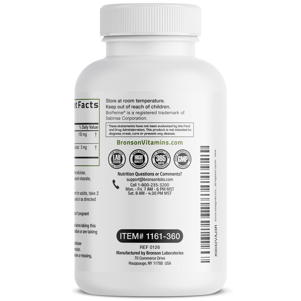 Bronson Ashwagandha Extra Strength Stress & Mood Support 360 Capsules | Vegetarian, Non-GMO, Gluten-Free, Soy-Free, BioPerine for High Absorption
