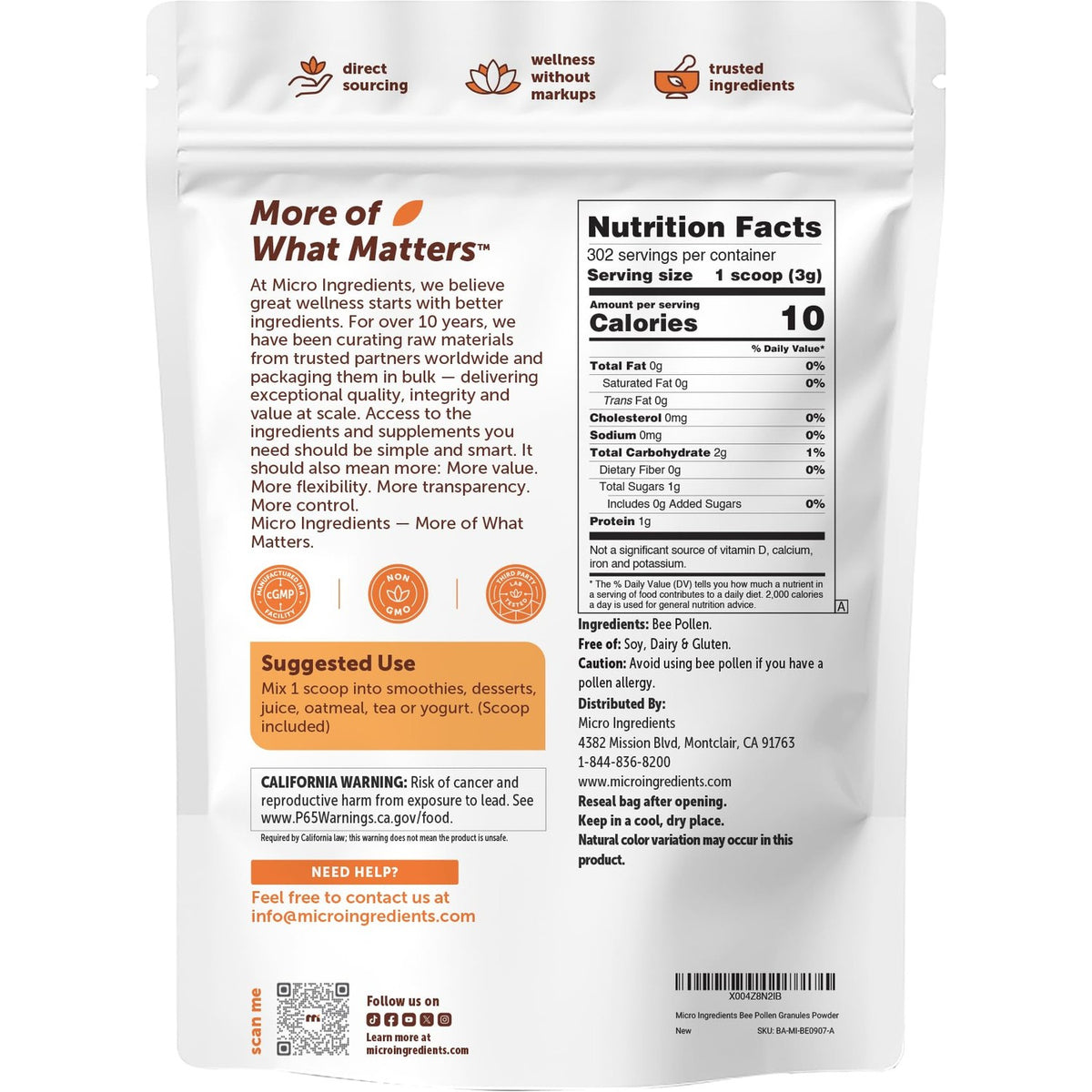 Micro Ingredients Bee Pollen Granules, 2 lb Bulk Supply, Raw Superfood