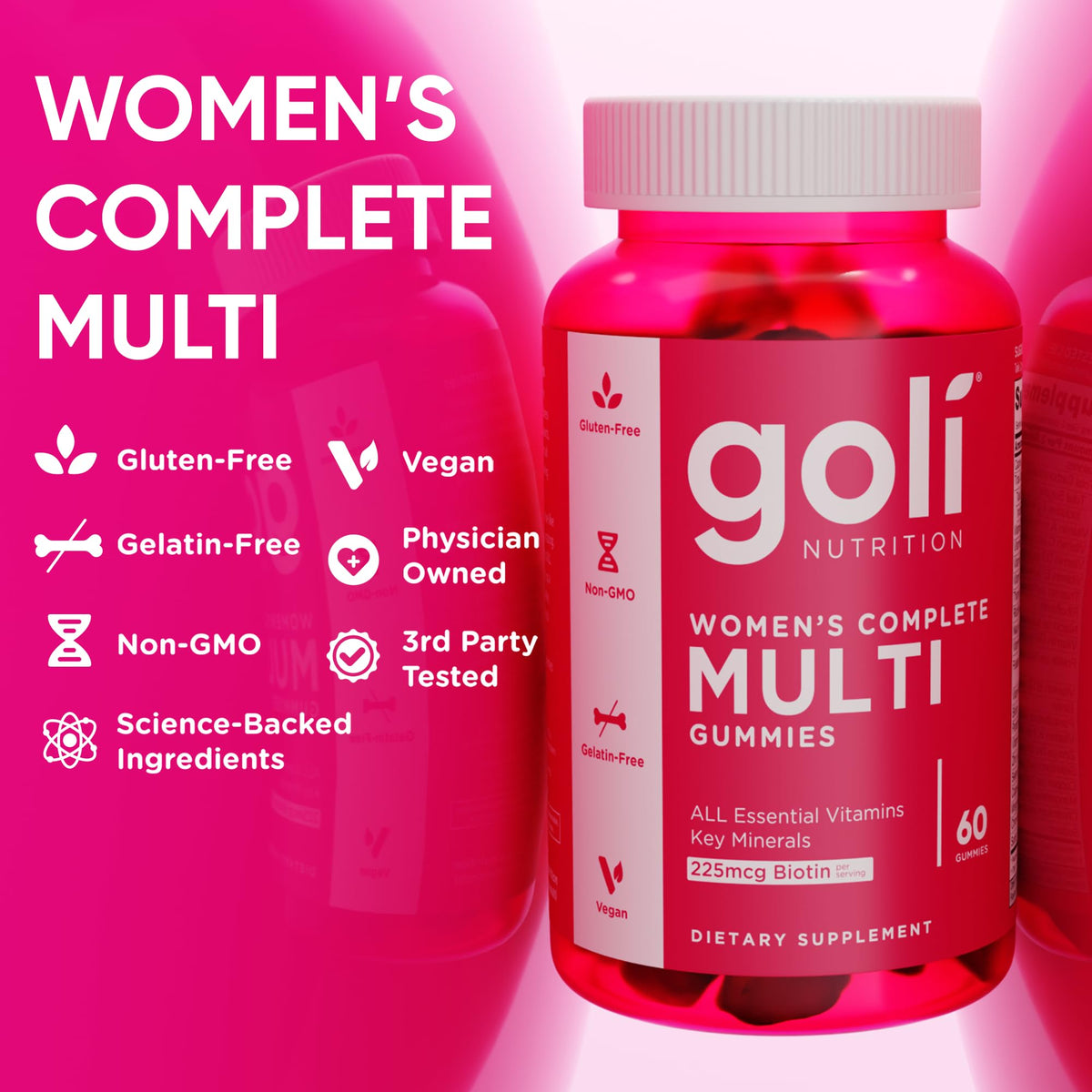 Goli Women's Multi Gummies - Complete Daily Multivitamin with All 13 Essential Vitamins, Biotin, Zinc - Supports Hair, Skin, Nails, Immune System - Vegan, Non-GMO, Gluten-Free - 60 Count (2 Pack)