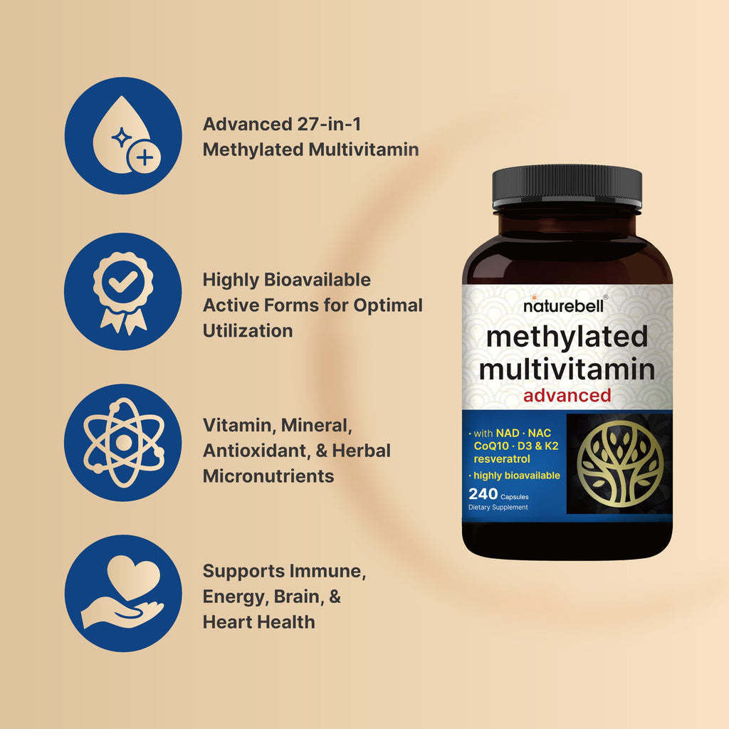 Methylated Multivitamin for Men and Women, 240 Capsules | 27-in-1 Formula with Vitamins B Complex, C, D3, K2, NAD, NAC, CoQ10, Resveratrol, Magnesium, Zinc & More | Daily Essential Vitamins