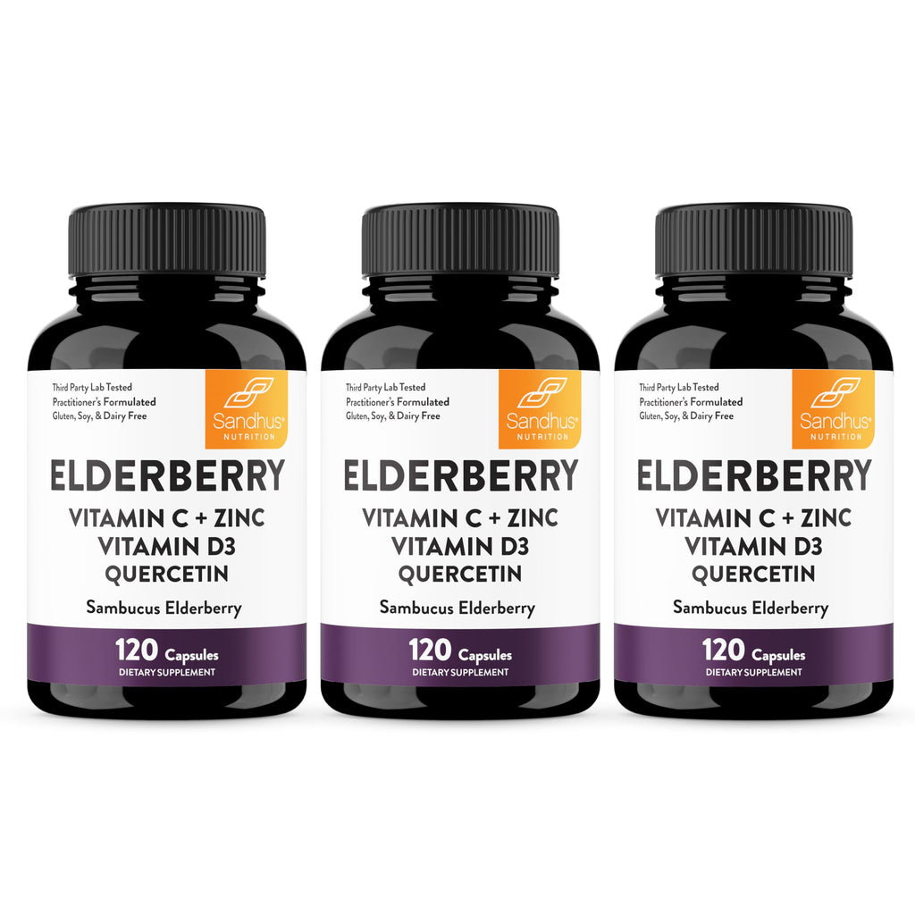 Elderberry Vitamin C and Zinc Capsules with D3 and Quercetin, 120 Count | 6-in-1 Immune Support Supplements For Adults, Sambucus Extract Zink Ginger USA Made in NSF GMP Certified Facility By Sandhu's