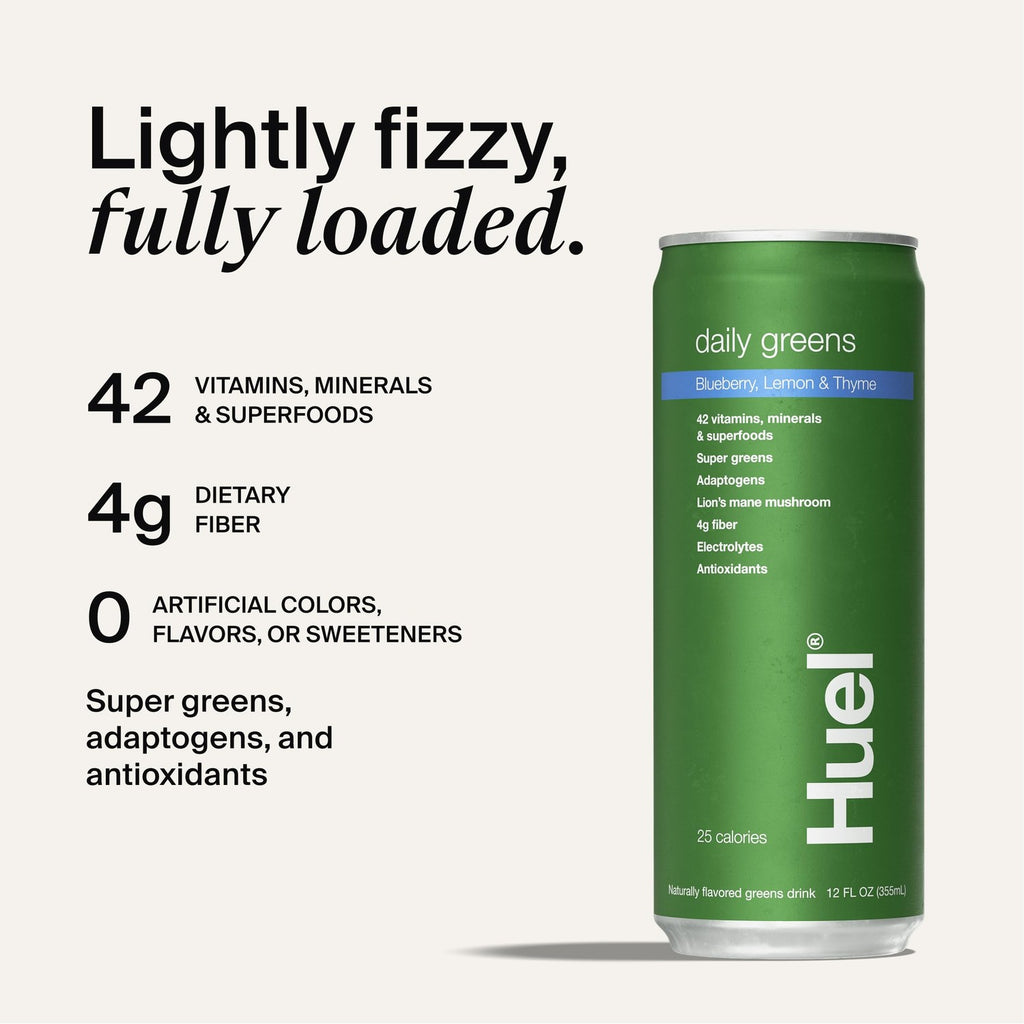 Huel Daily Greens Ready-to-Drink | Superfood Super Greens | 4g Fiber | Blueberry Lemon Thyme | 12 fl oz - 12 Pack | 42 Vitamins, Minerals, and Superfoods | Adaptogens, Antioxidants, & Probiotics