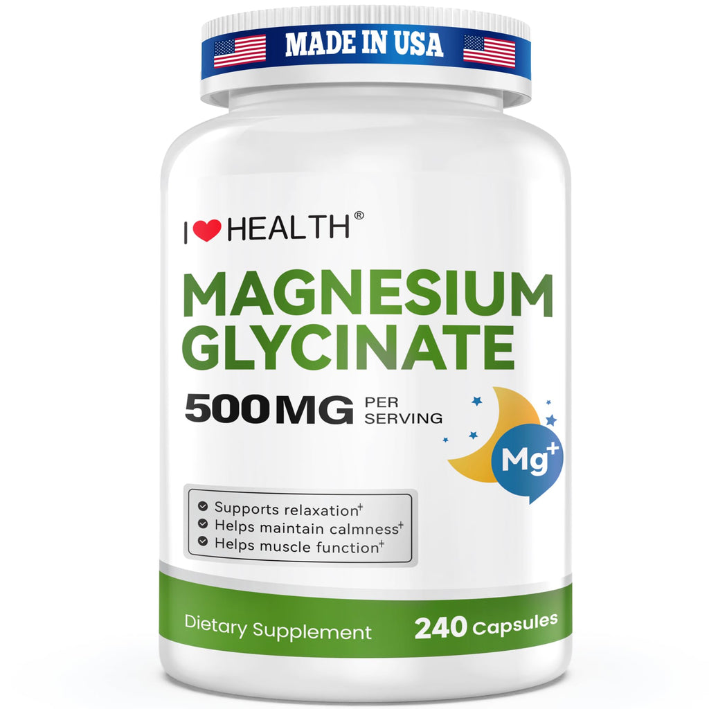 Magnesium Glycinate 500mg per Capsule – 240 Capsules – High Absorption Magnesium Supplement for Relaxation, Calmness & Muscle Support – Gentle on Stomach – Made in USA