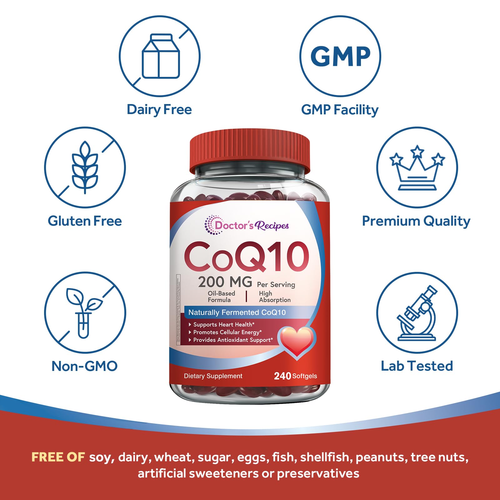 Doctor's Recipes CoQ10 200mg Per Serving, High Absorption with Olive Oil