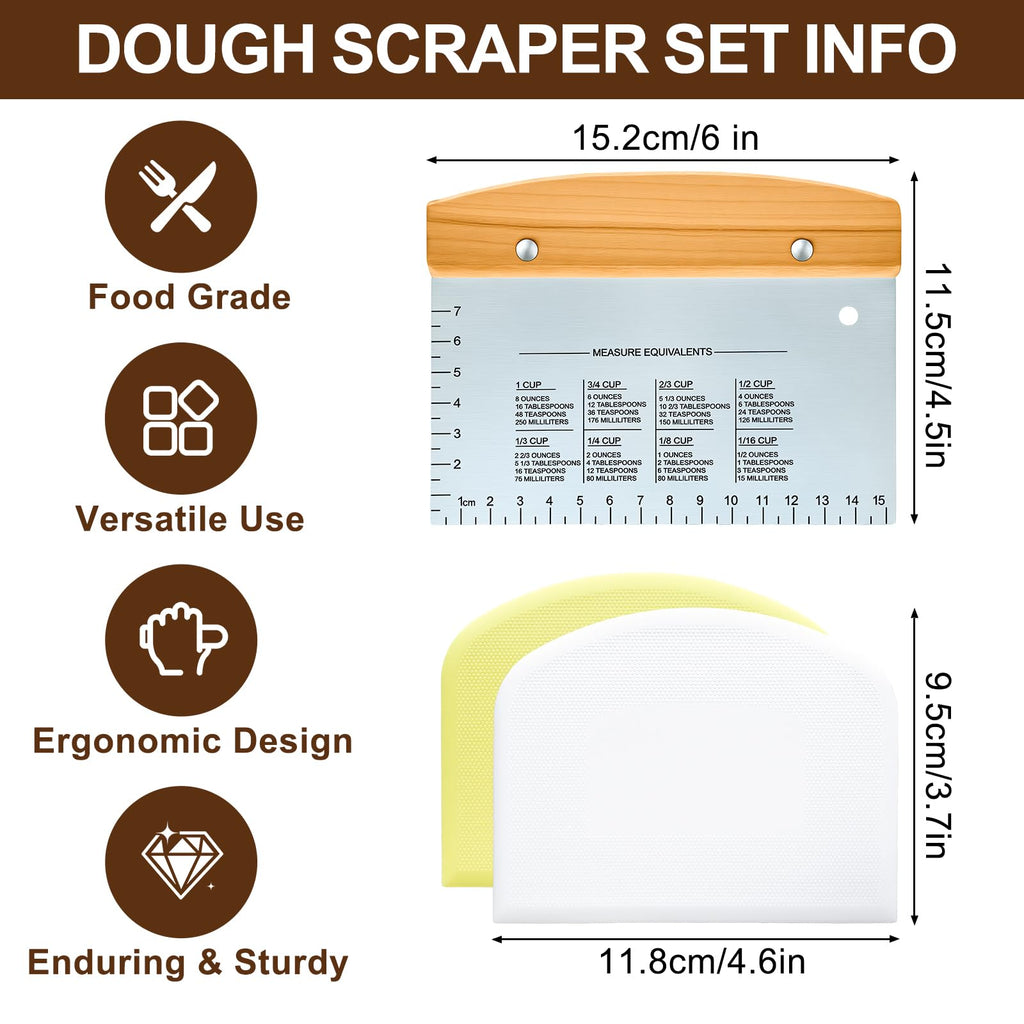 Versatile Bench Scraper with Wood Handle, Premium Stainless Steel Dough Scraper Cutter with 2 PCS Flexible Bowl Scraper for Pastry Bread Pizza, Kitchen Scraper Tool for Flat Top Griddle