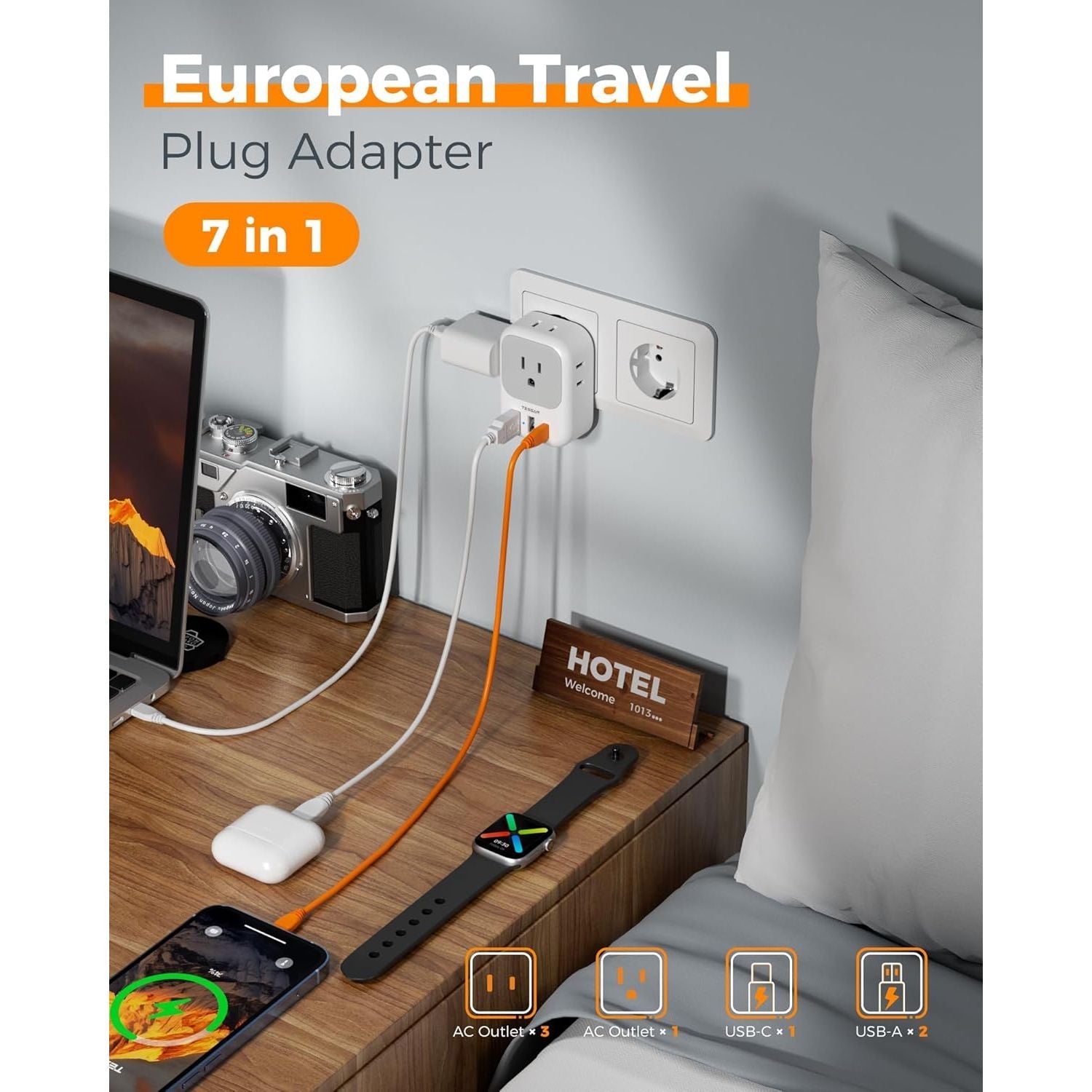 Buy now European Travel Plug Adapter USB C, TESSAN International Plug Adapter with 4 AC Outlets 3 USB Charging Ports, Type C Europe Power Adaptor for US to EU France Germany Iceland Spain Italy at indiglob india