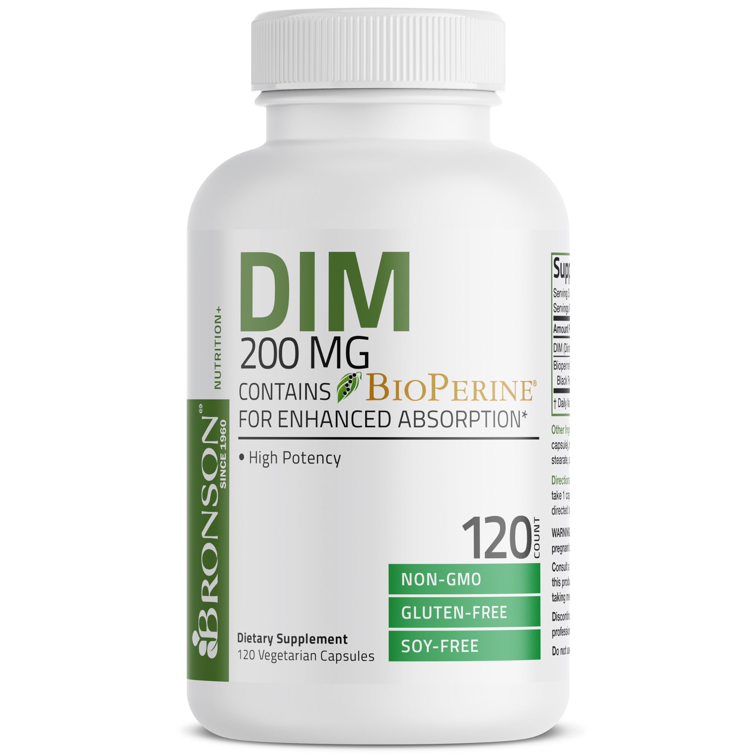 Bronson DIM 200 mg Diindolylmethane with BioPerine, 120 Vegetarian Capsules | Enhanced Absorption, Healthy Estrogen Metabolism & Balanced Hormones for Men & Women, Non-GMO, Gluten-Free & Soy-Free