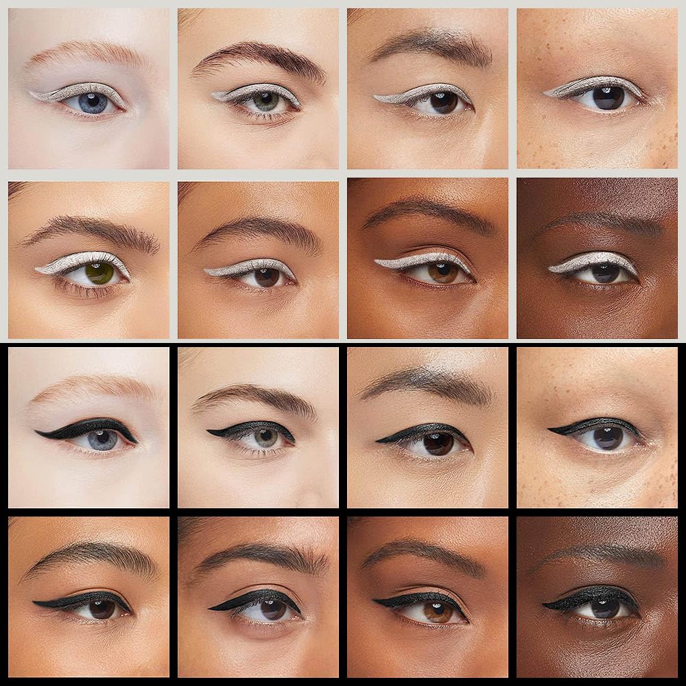 Showcases 12 distinct eye looks using Kaely gel eyeliner, highlighting versatility and rich color payoff on diverse skin tones.