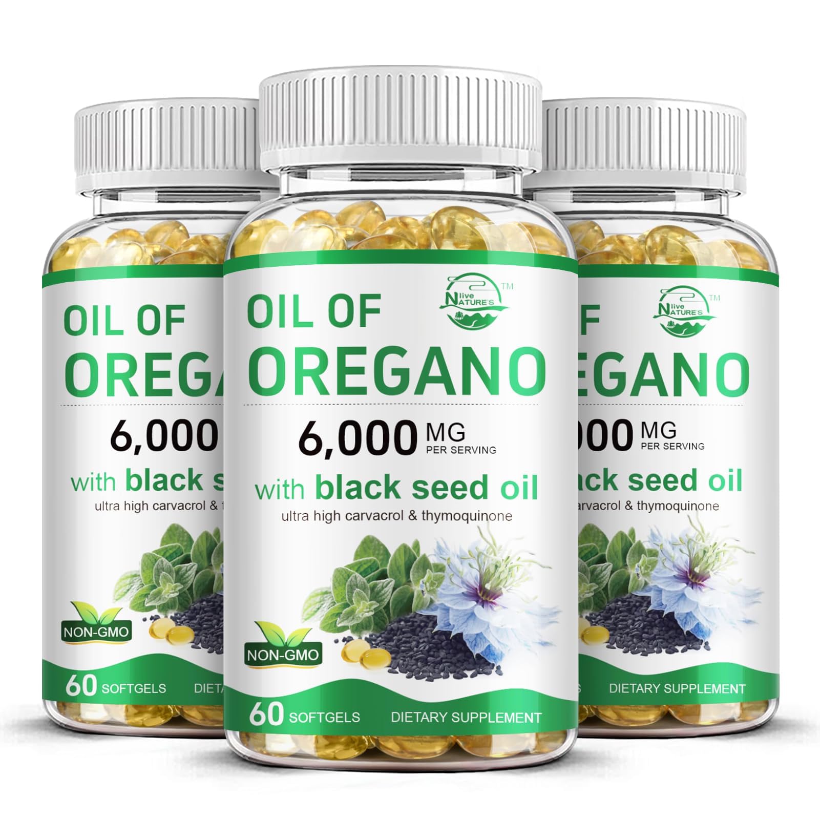Nature's live Oil of Oregano with Black Seed Oil | 2 in 1 Oregano Supplement for Immune Health, Retains High Concentrated Carvacrol & Thymoquinone, 60 Softgels, 2 Pack