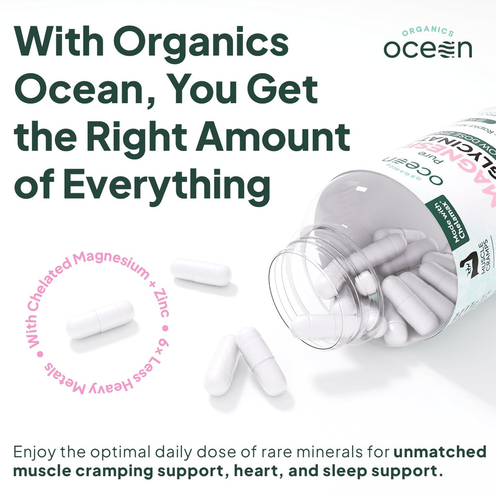 Organics Ocean Pure Magnesium Glycinate with Zinc - Maximum Strength Chelated Magnesium Supplement for Women and Men for Muscle Cramps and Sleep Support - 6 Bottles