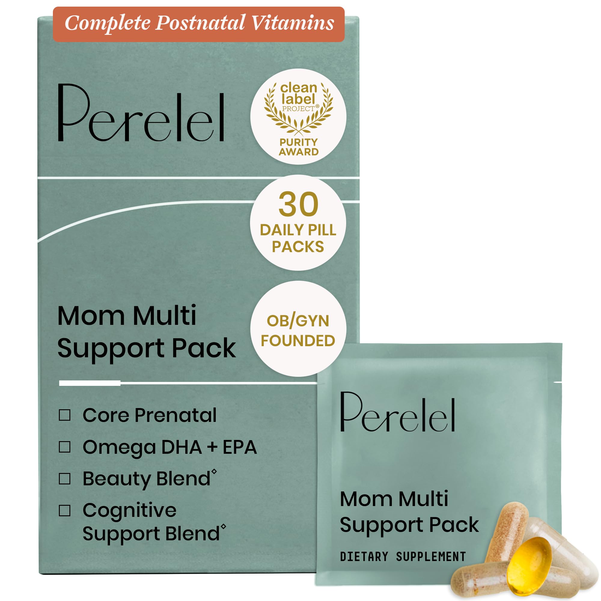 Perelel Mom Multi Postnatal Vitamins with Omega 3 DHA, Iron, & Collagen | Postpartum Health Support, Postnatal Vitamins for Women, Vitamin B12, Soy & Gluten Free, Non-GMO, 30 Daily Pill Packs
