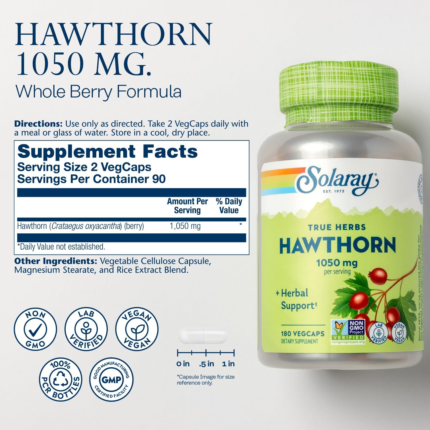 Buy now SOLARAY Hawthorn Berry Capsules 1050 mg - Soothing Herbal Support - Hawthorne Berry Supplement for Overall Wellness Support - Whole Berry, Vegan, Non-GMO, 60 Day Guarantee, 90 Servings, 180 VegCaps at indiglob india