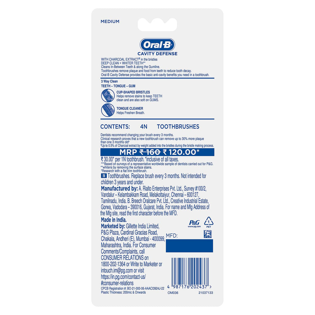 Buy now Oral B Cavity Defense 123 Black Toothbrush â€¹Â¨Â« Medium (Pack of 4) at indiglob india