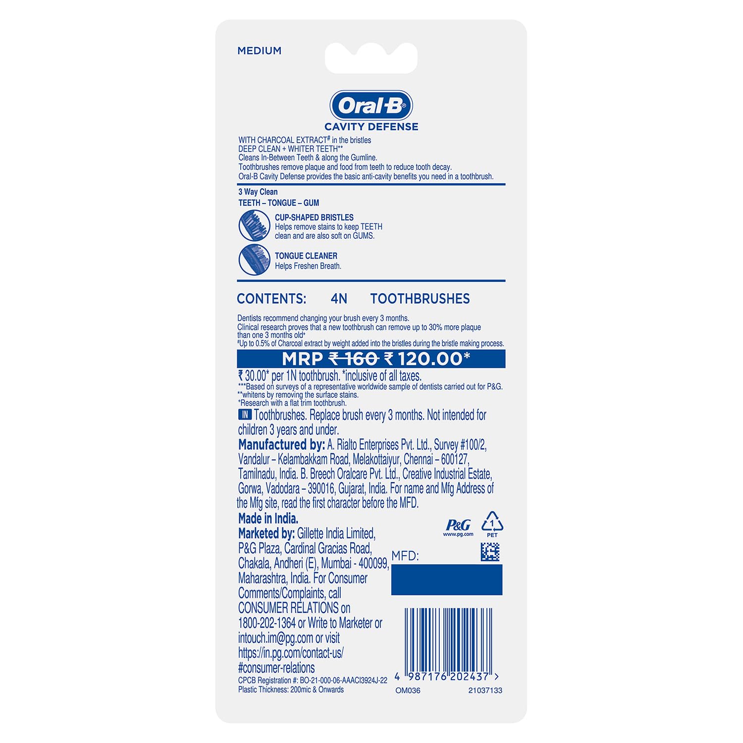 Buy now Oral B Cavity Defense 123 Black Toothbrush â€¹Â¨Â« Medium (Pack of 4) at indiglob india