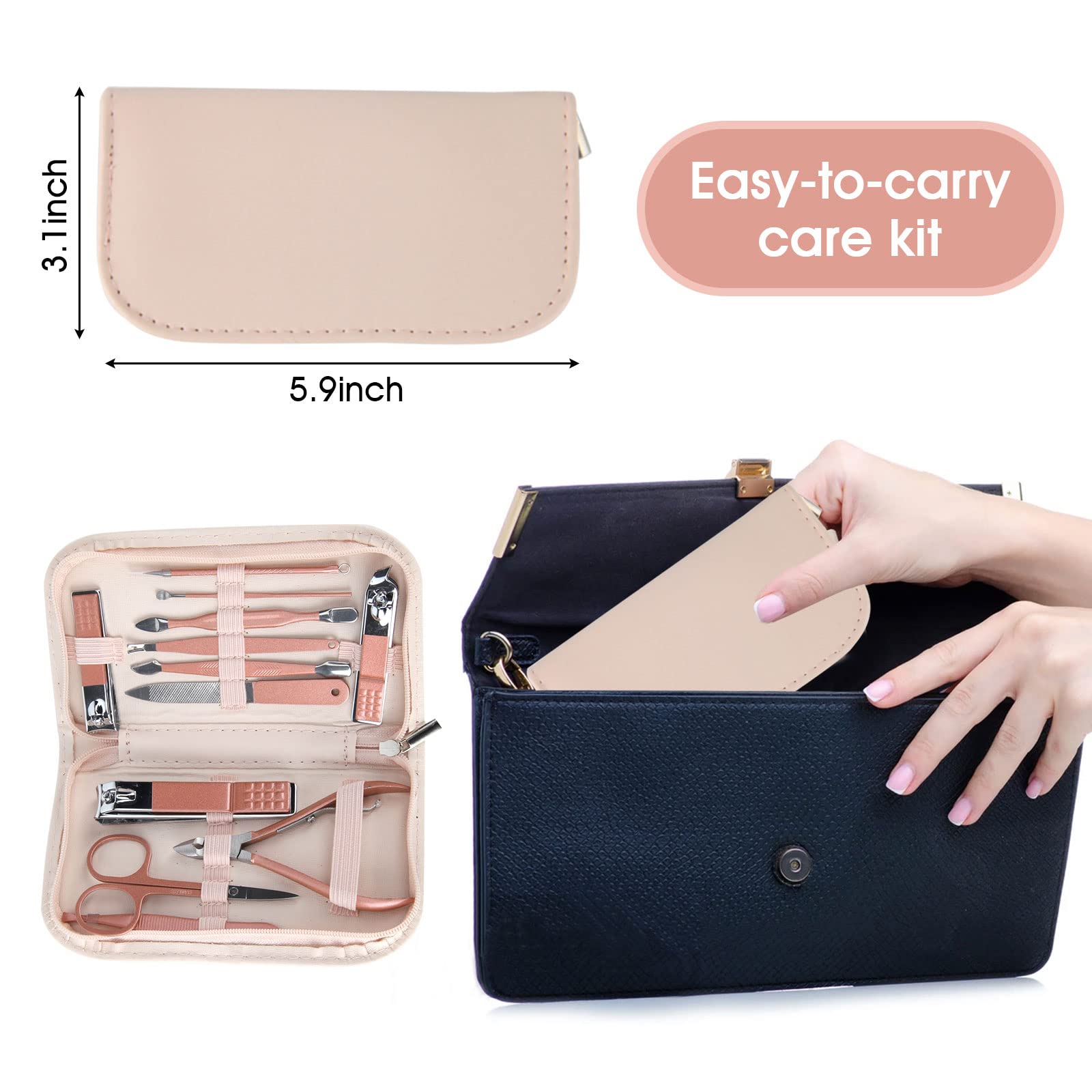 Nail Clippers & Beauty Tool Portable Set, Rose Gold Manicure Set, 12 in 1. | Martensitic Stainless Steel, Pink Leather Bag, Suitable for Home, Workplace, Outdoor Travel, Gift Giving, Salon.