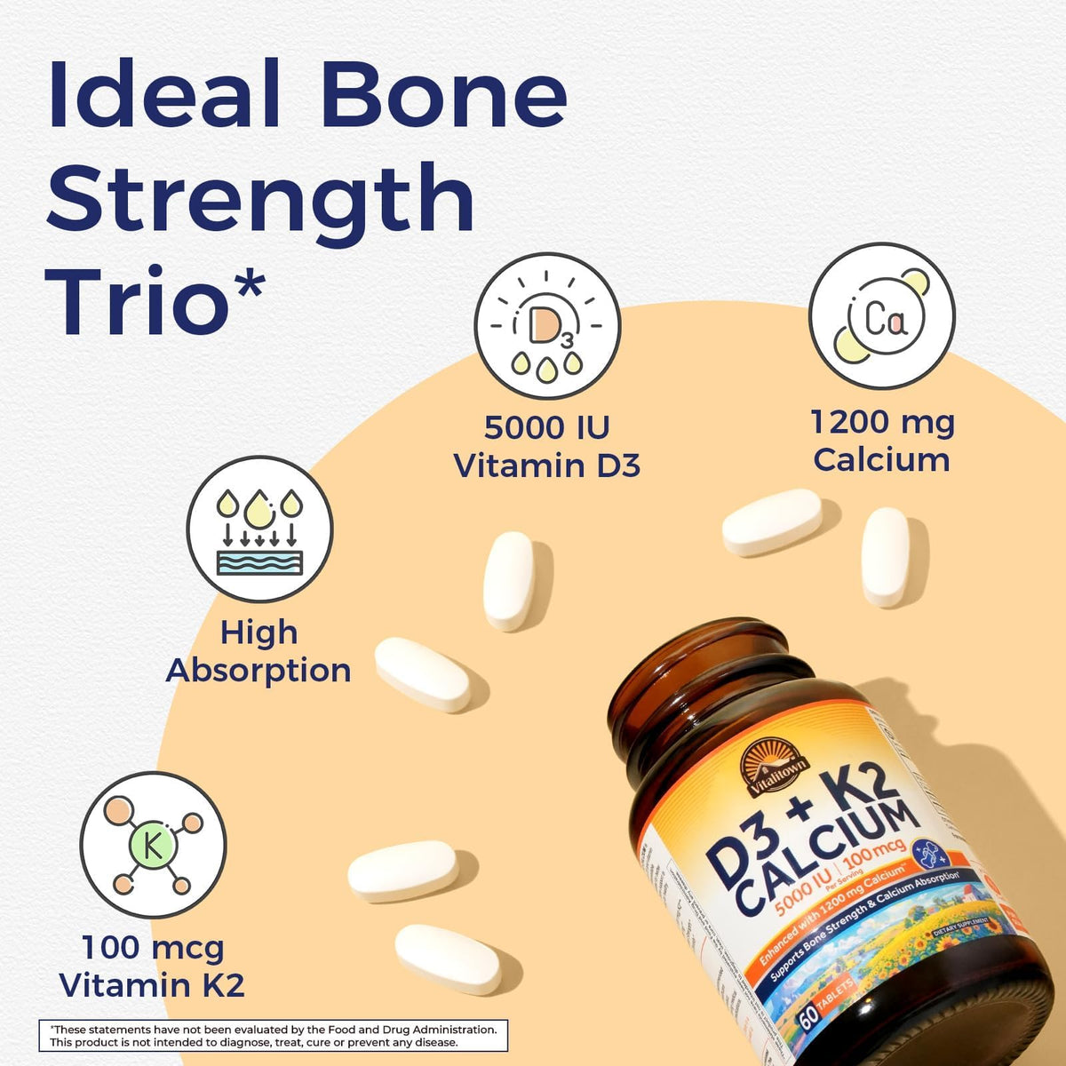 Vitalitown Vitamin D3 K2 Calcium 1200 mg for Women & Men, Vitamin D3 5000 IU, High Potency Bone Strength, Teeth & Immune System Support, Maximum Absorption, Easily Absorbable, 60 Tablets