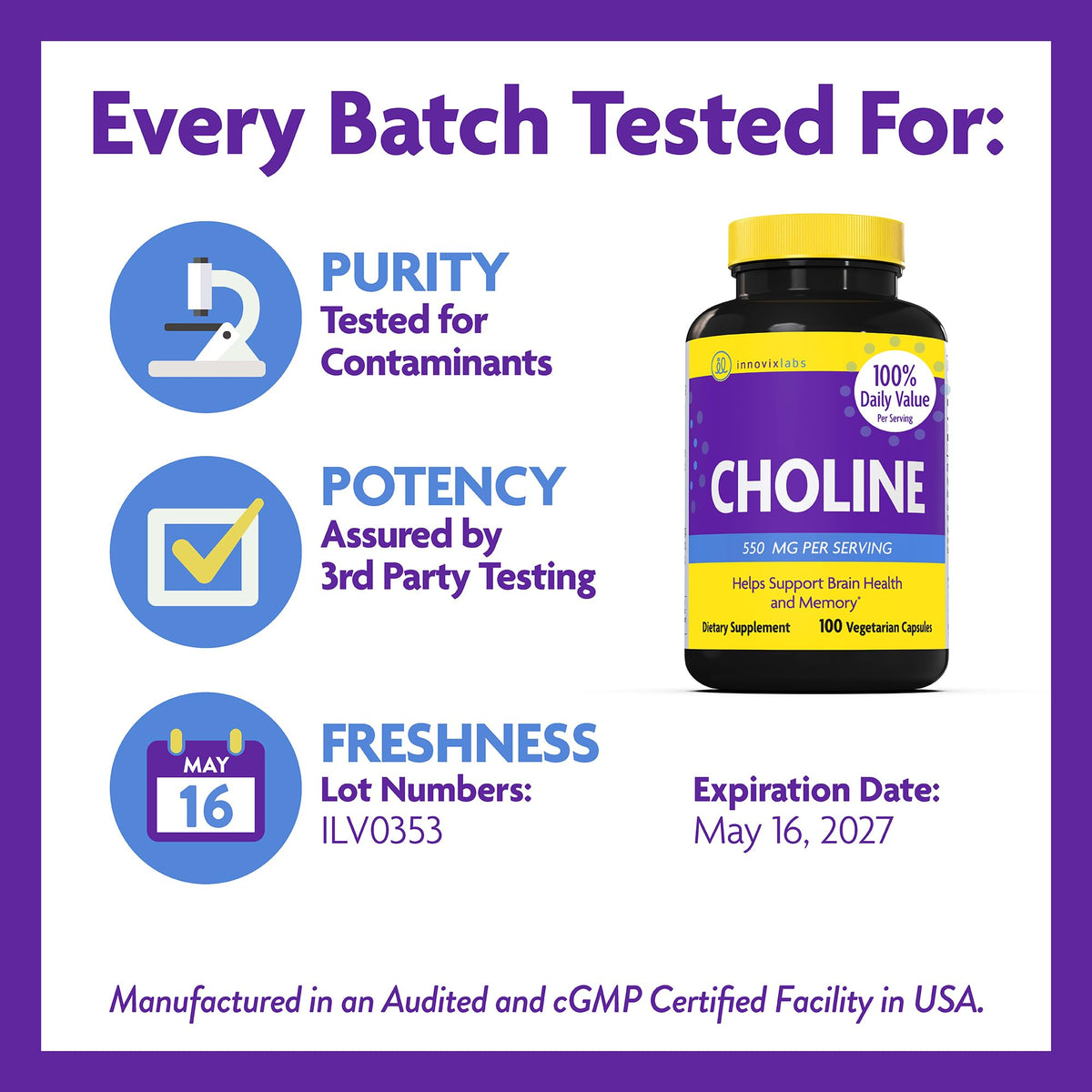 InnovixLabs Choline Supplement 550 mg Supports Memory & Focus, 100 Capsules