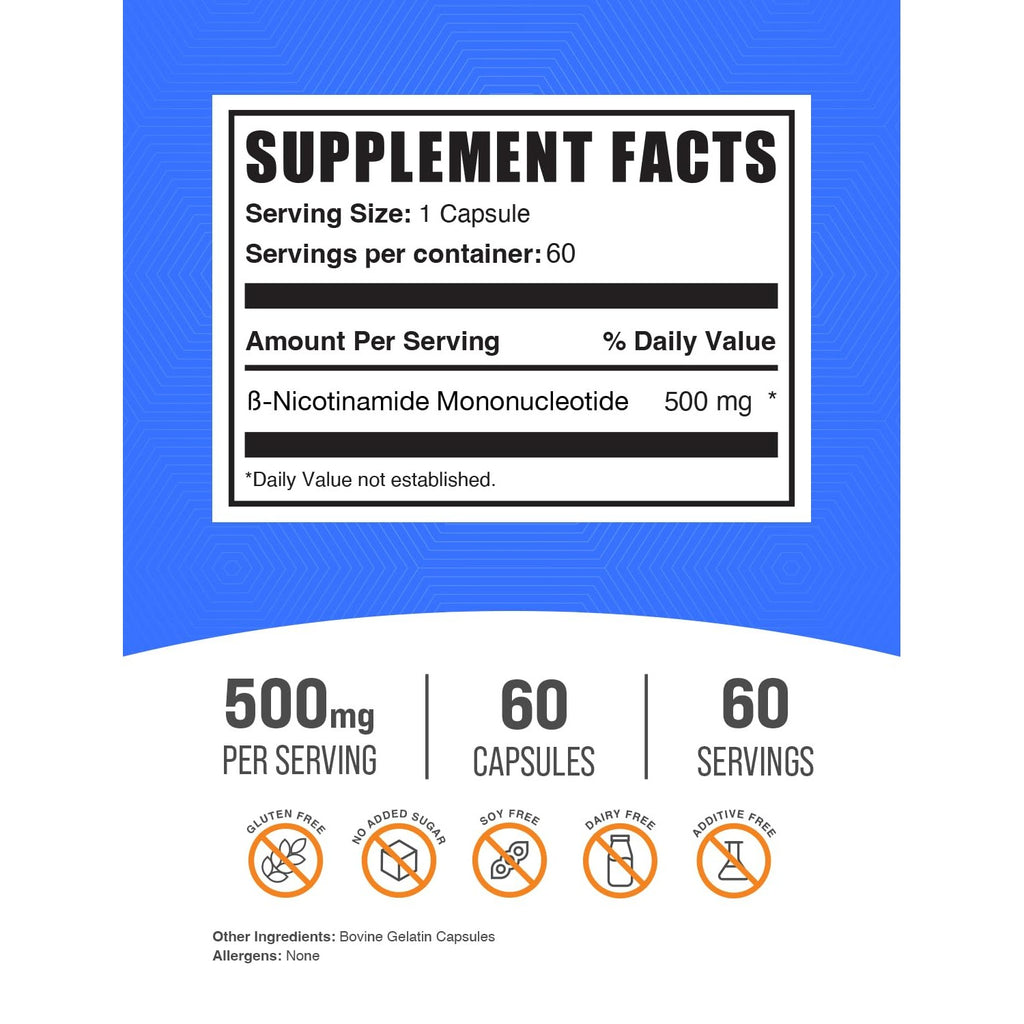 BulkSupplements.com NMN Capsules - Beta-Nicotinamide Mononucleotide, NMN Supplement - Gluten Free, 1 Capsule per Serving (500mg), 60 Count (Pack of 1)