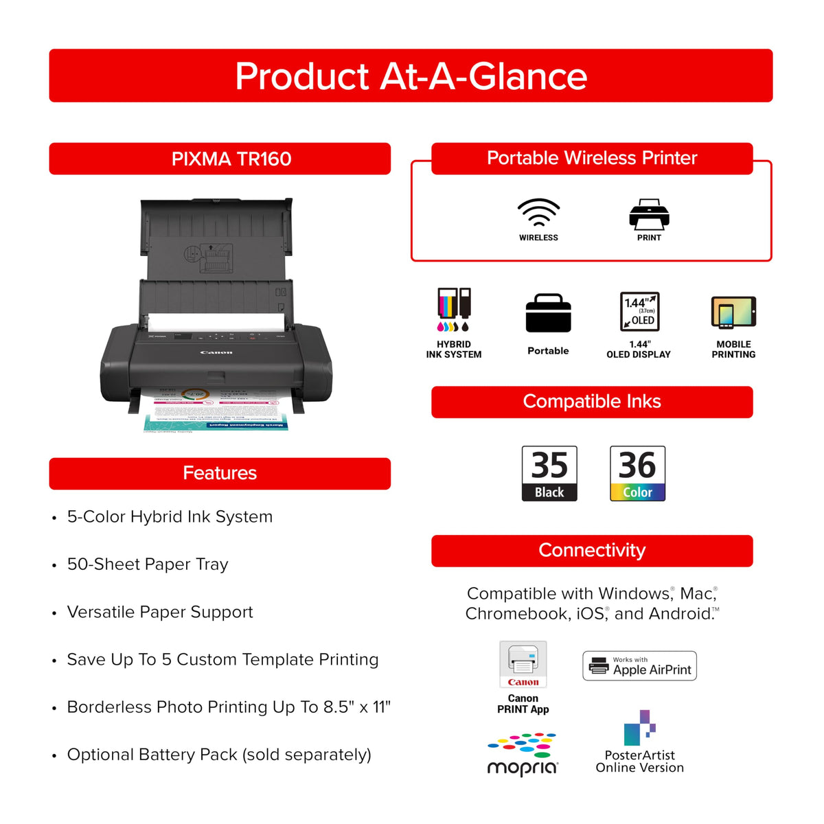 Canon PIXMA TR160 Color Wireless Portable Printer
