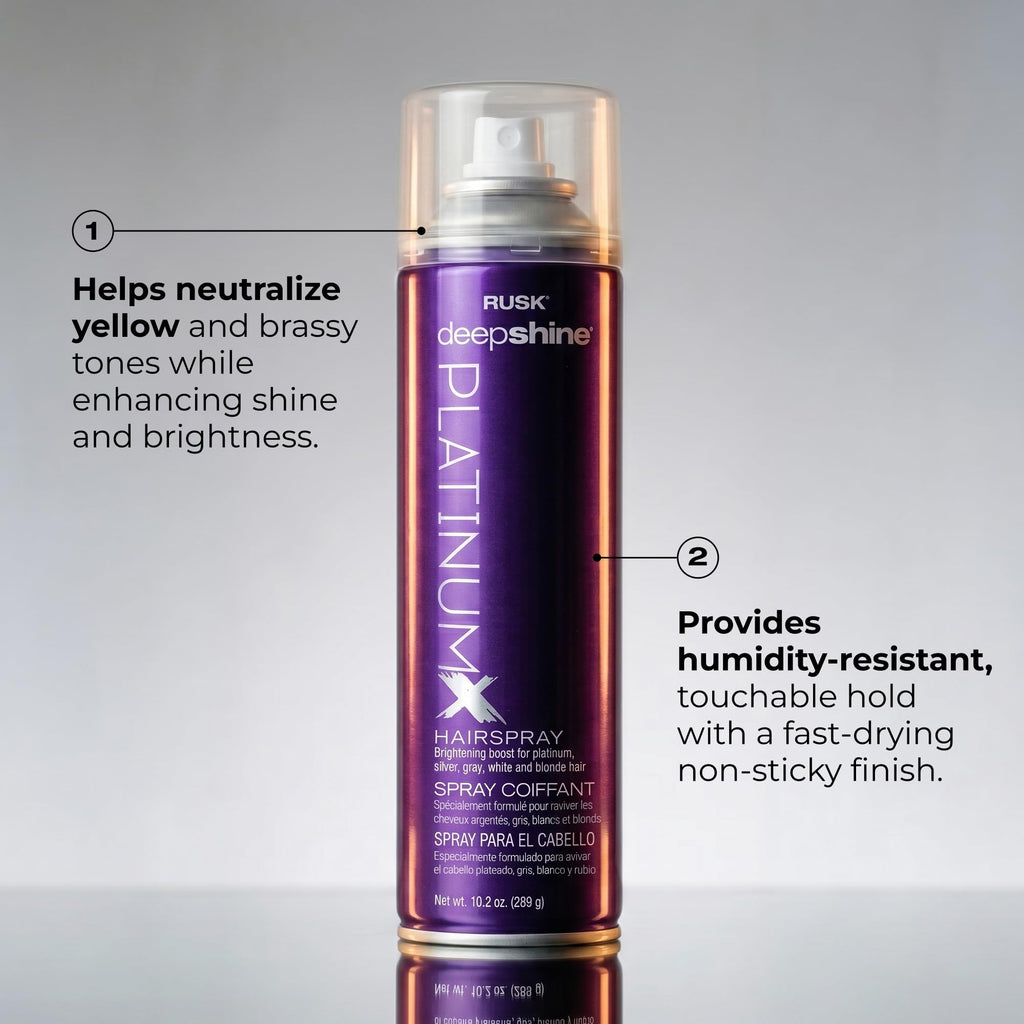RUSK Deepshine PlatinumX Hairspray, Fast-Drying Finishing Spray, All-Day Humidity Resistance Provides Strong Hold, Shape, and Body for a Shiny Look, 10.2 oz