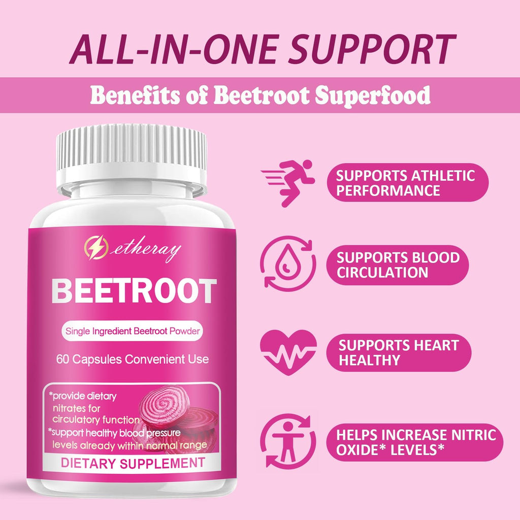 Beet Root Capsules - 1300mg Organic Pure Beetroot Beets Powder 60 Capsules-30 Days Supply | Natural & Vegan Supplement