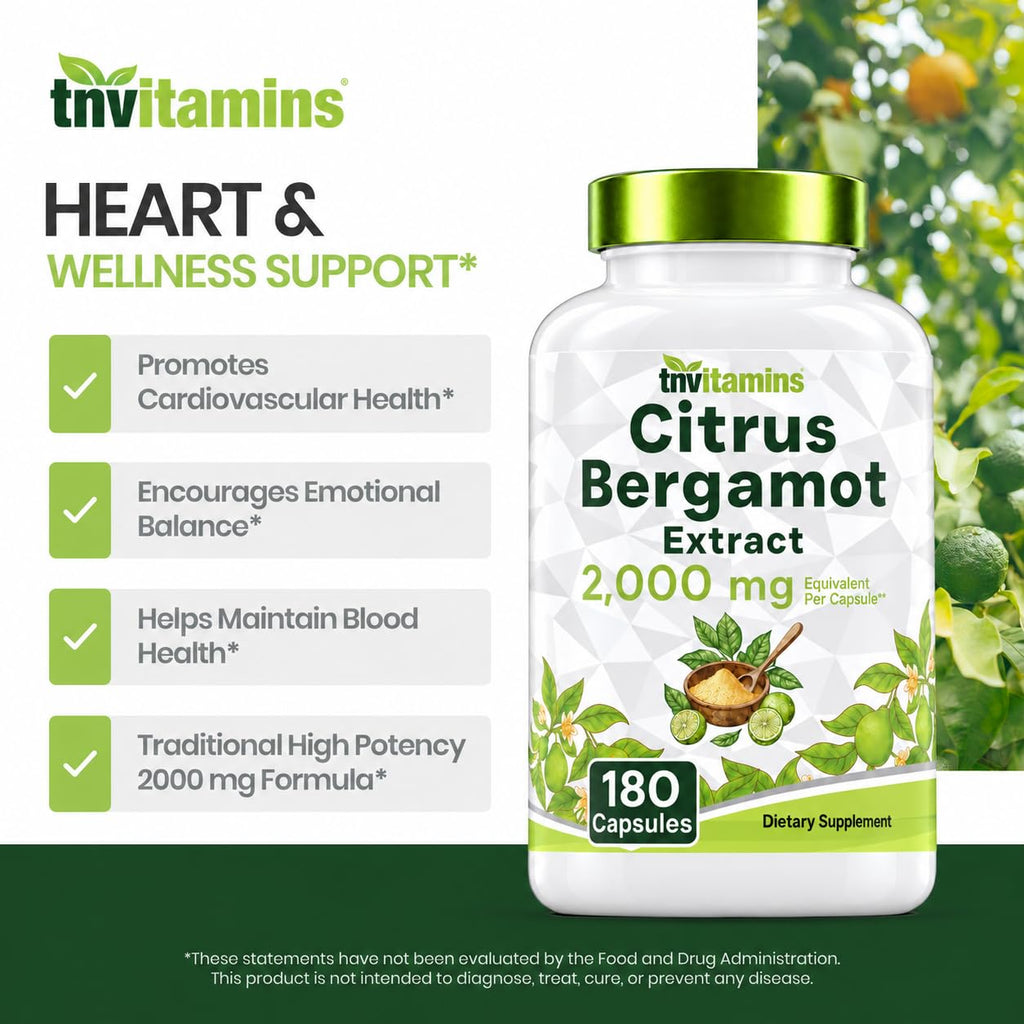 tnvitamins Citrus Bergamot 2000mg - 180 Capsules | Ultra Potent Citrus Bergamot Supplement 2000 mg Per 1 Capsule Serving | 6 Month Supply! | Non-GMO | Made in The USA!