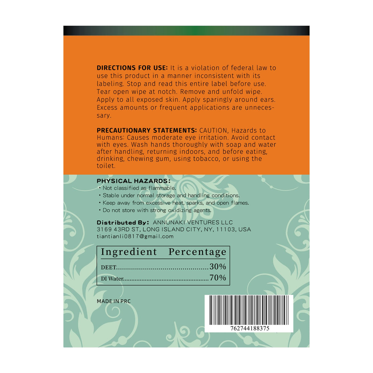 Mosquito Repellent & Tick Repellent Wipes - 8Hr Protection, 30 Singles