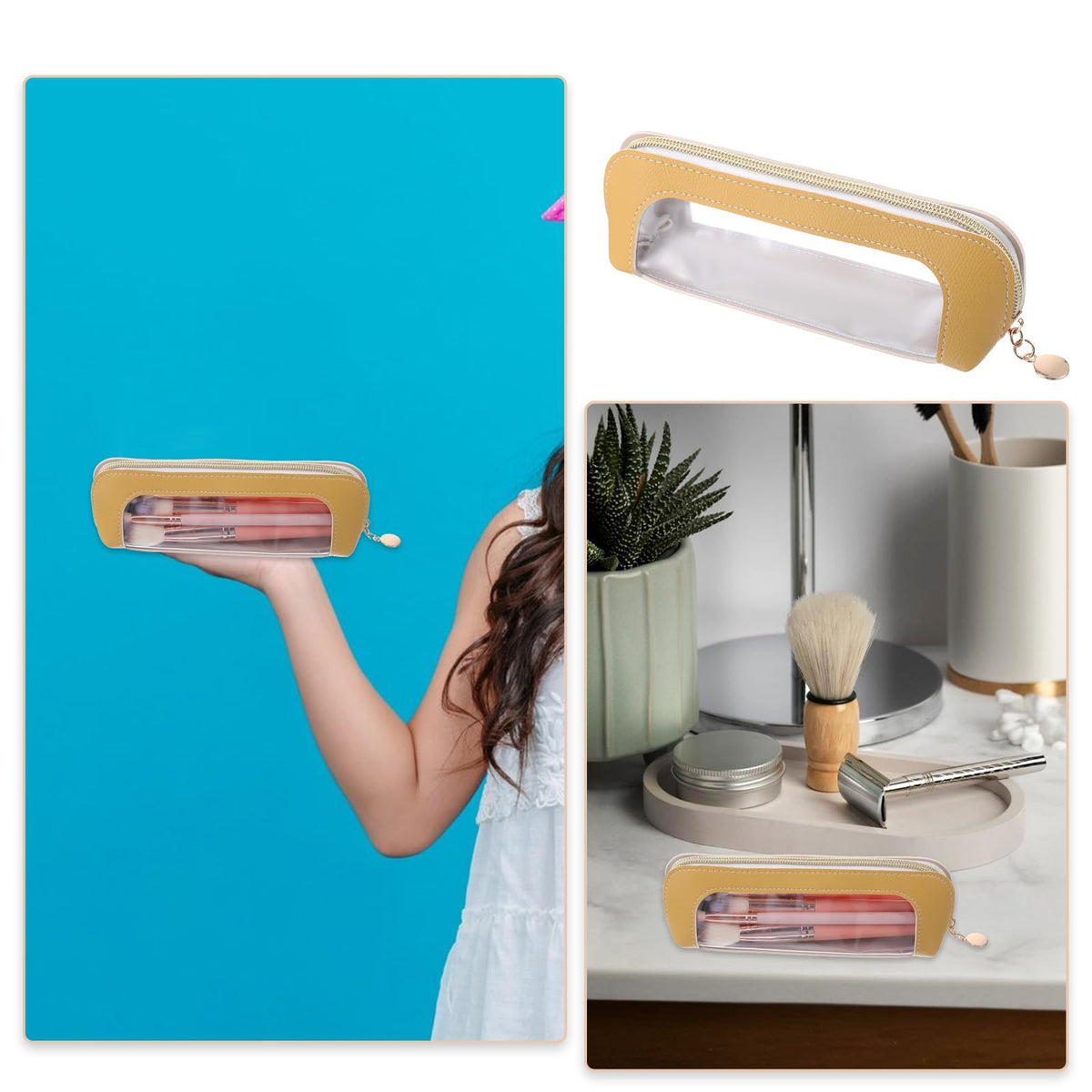 Stylish Psyqtsuary small clear makeup bag in yellow. Available online for order. Perfect for storage and travel.