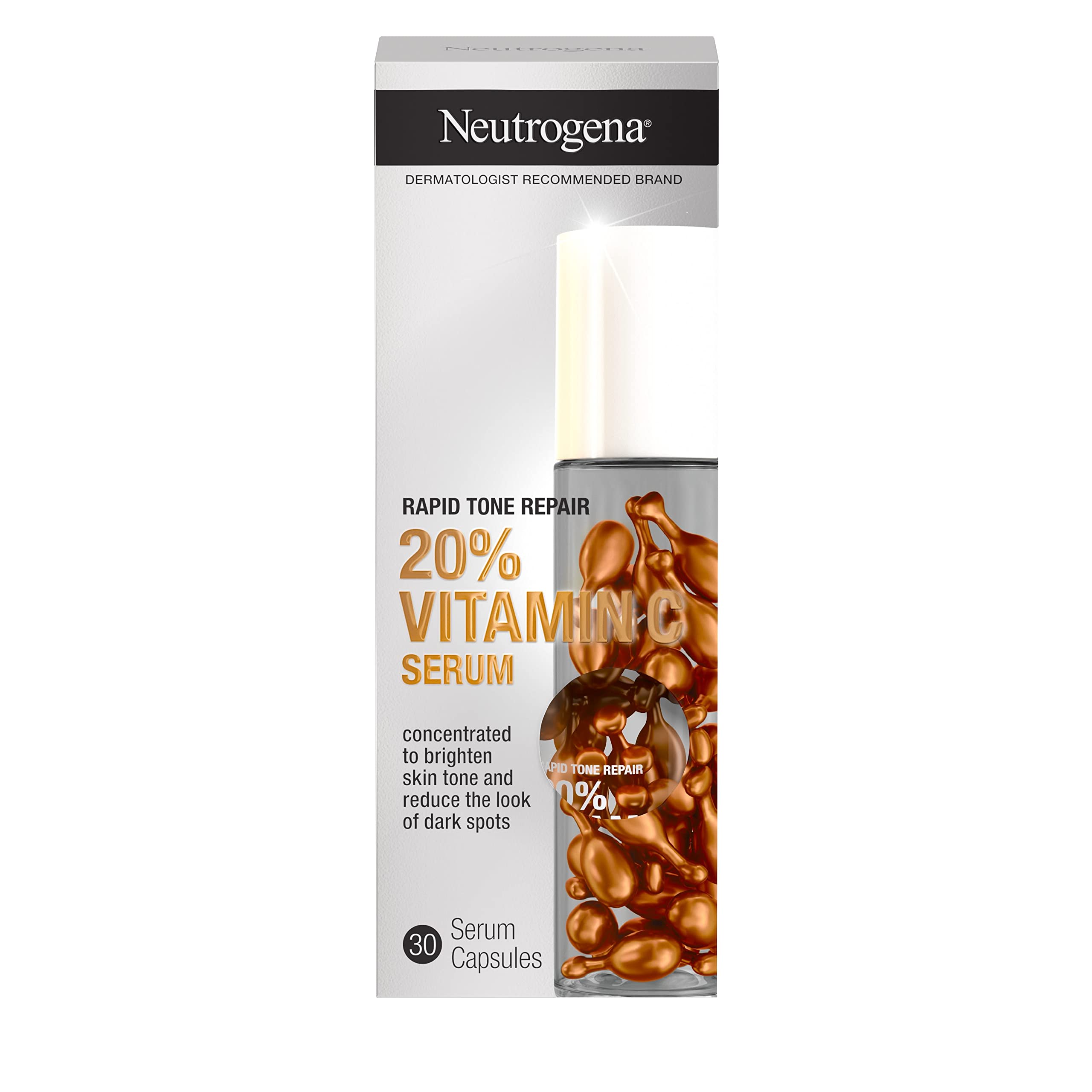 Buy now Neutrogena Rapid Tone Repair 20% Vitamin C Brightening Serum Capsules, Antioxidant Face Serum to Brighten Look of Dark Spots & Even Skin Tone, Oil-Free, 30 Serum Capsules at indiglob india