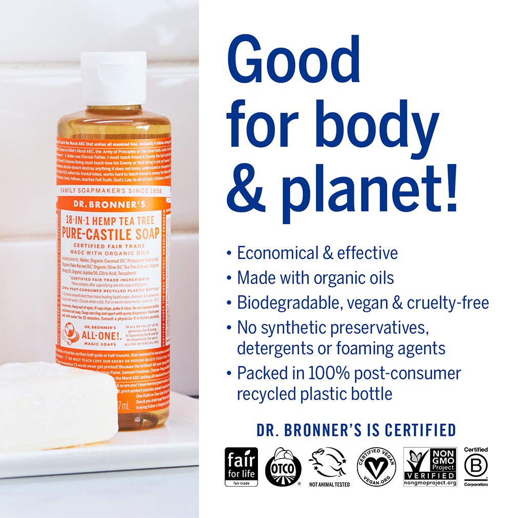 Buy now Dr. Bronner's - Pure-Castile Liquid Soap (Tea Tree, 4 Ounce) - Made with Organic Oils, 18-in-1 Uses: Acne-Prone Skin, Dandruff, Laundry, Pets and Dishes, Concentrated, Vegan, Non-GMO at indiglob india