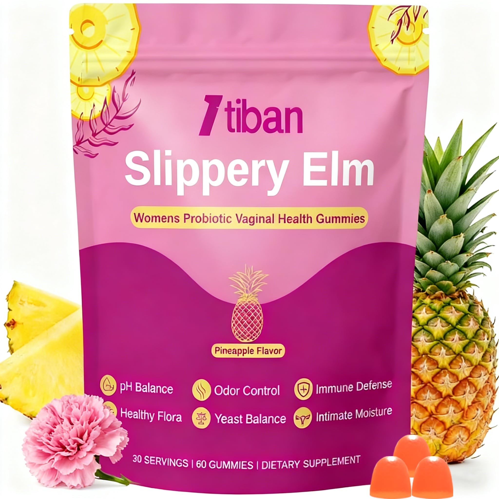 Feminine Vaginal Probiotics Gummies, Supports pH Balance & Digestive Health, Slippery Elm for Women, Suagr-Free, Veagn, Pineapple Flavor, 60 Count