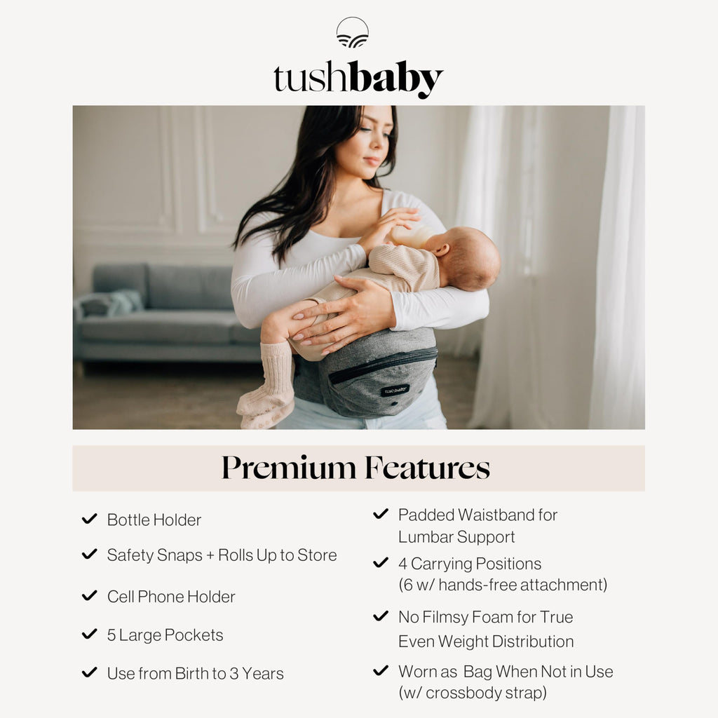 Buy now Tushbaby Original Hip Seat Baby Carrier for Babies & Toddlers up to 45 lbs, Safety Certified, Lightweight No-Foam Design with Storage & Nursing Support, Grey at indiglob india