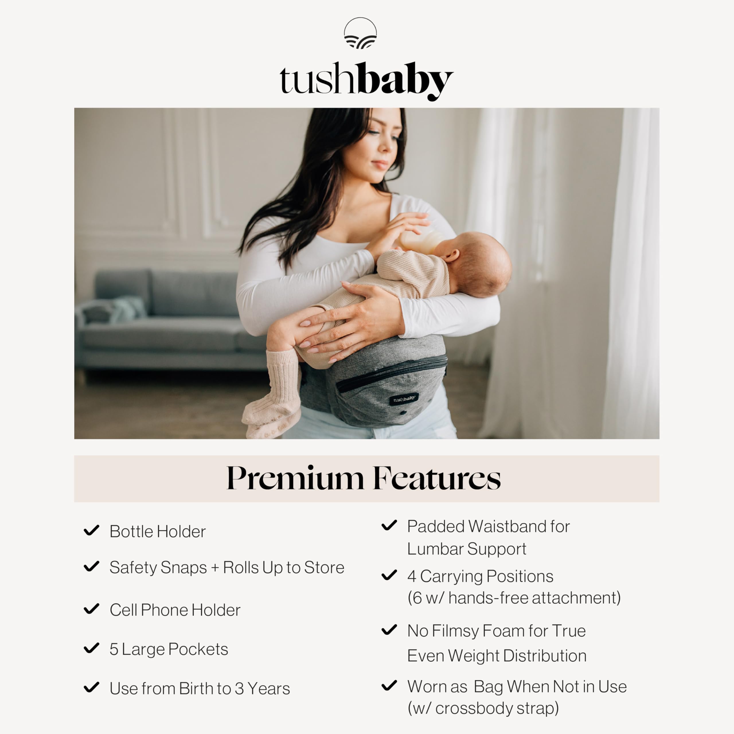 Buy now Tushbaby Original Hip Seat Baby Carrier for Babies & Toddlers up to 45 lbs, Safety Certified, Lightweight No-Foam Design with Storage & Nursing Support, Grey at indiglob india