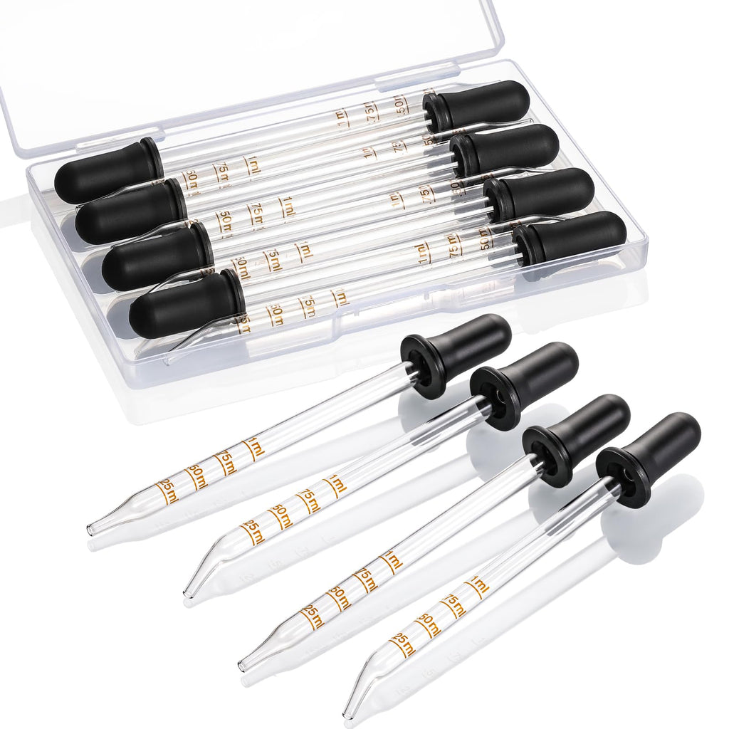 4 Pack, 1 mL Glass Eye Dropper with Measurement - Long & Short, Bent & Straight Tip Calibrated Glass Medicine Droppers, Accurate Dose Pipette Dropper for Essential Oils, Feeding, Ear, Lab, Health Care