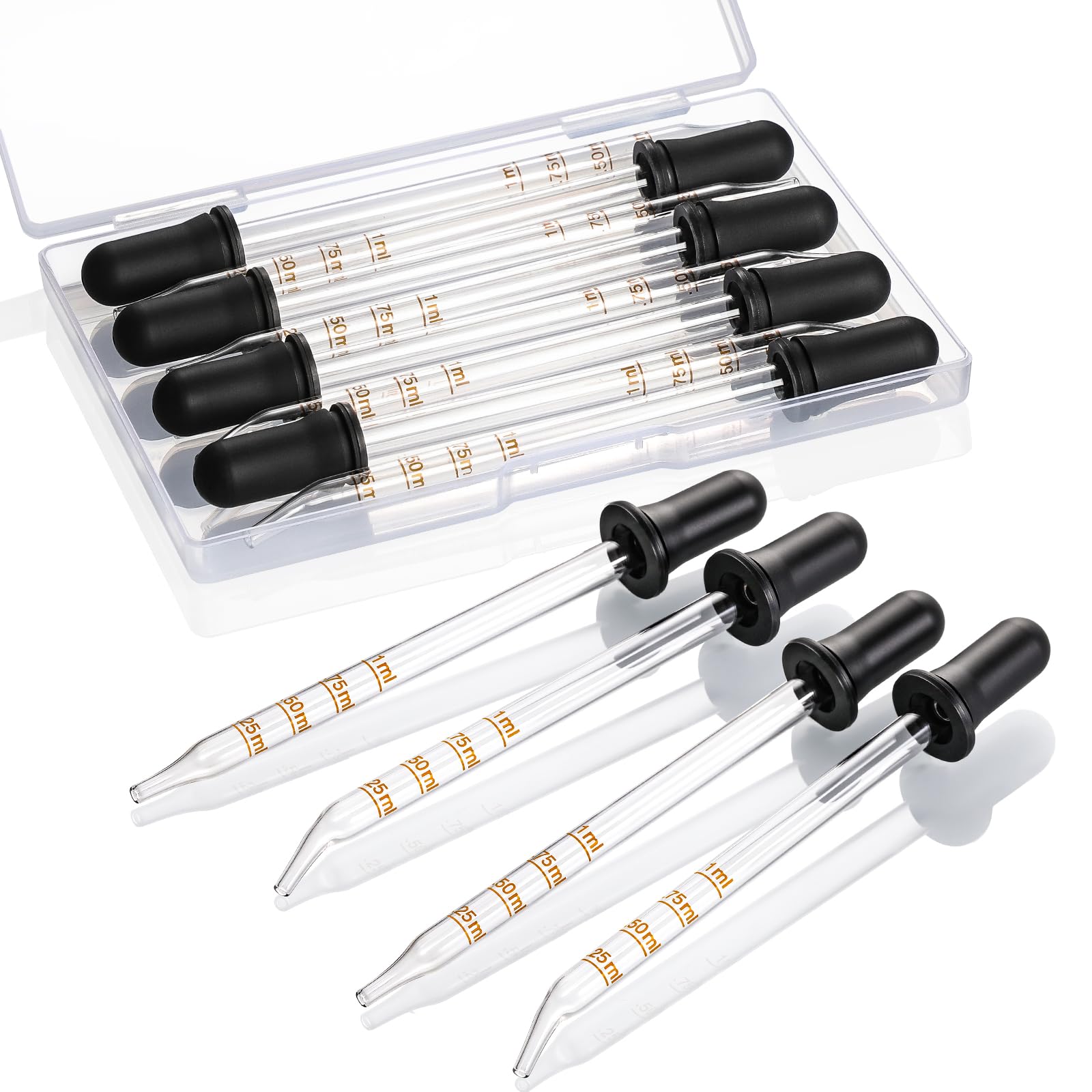 4 Pack, 1 mL Glass Eye Dropper with Measurement - Long & Short, Bent & Straight Tip Calibrated Glass Medicine Droppers, Accurate Dose Pipette Dropper for Essential Oils, Feeding, Ear, Lab, Health Care